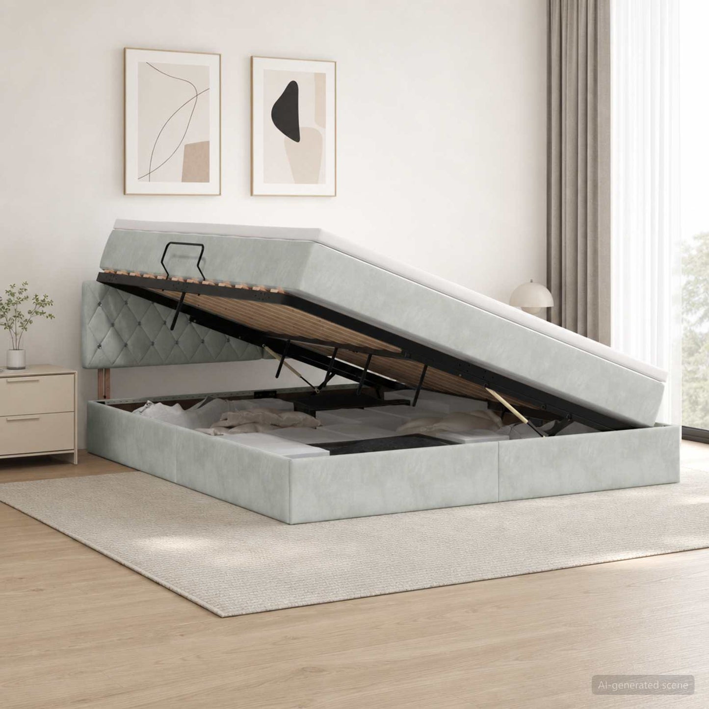 LED tárolós ágy matraccal Világosszürke 140 x 190 cm Bársony