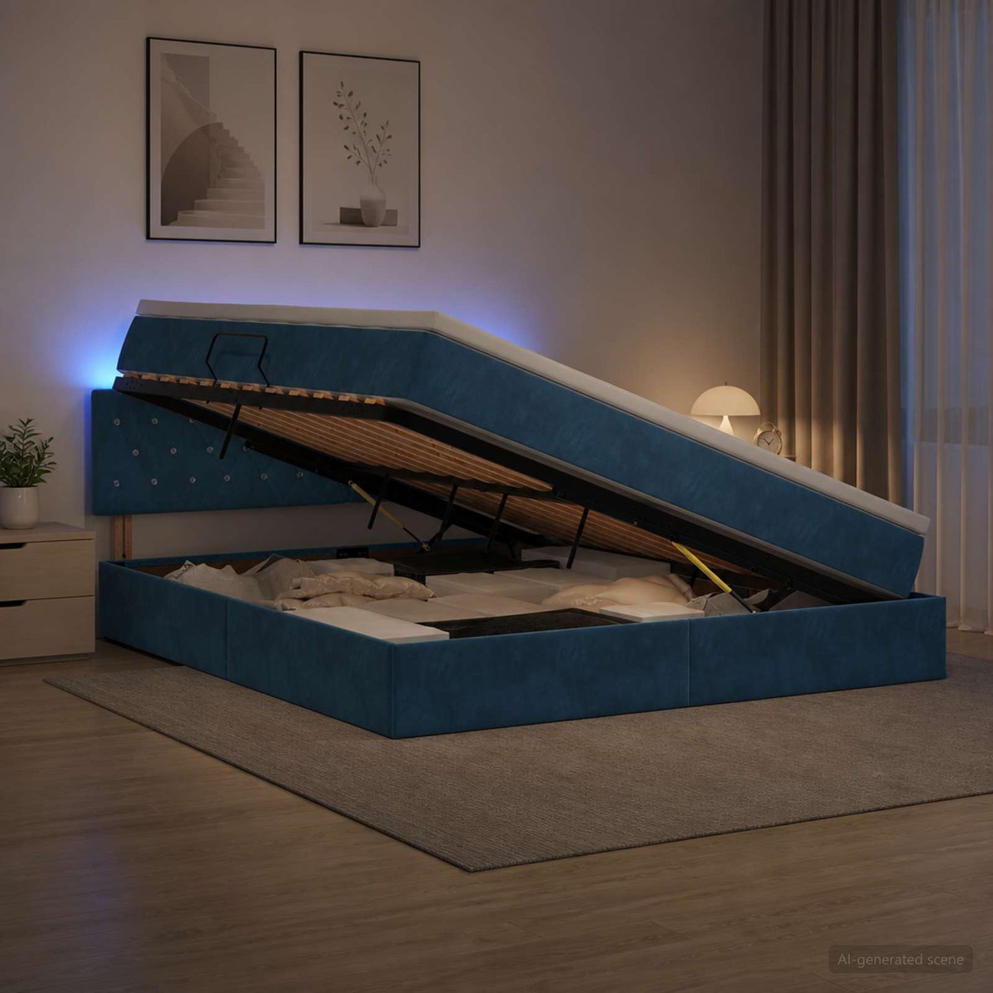 LED tárolós ágy matraccal Sötét kék 160 x 200 cm Bársony
