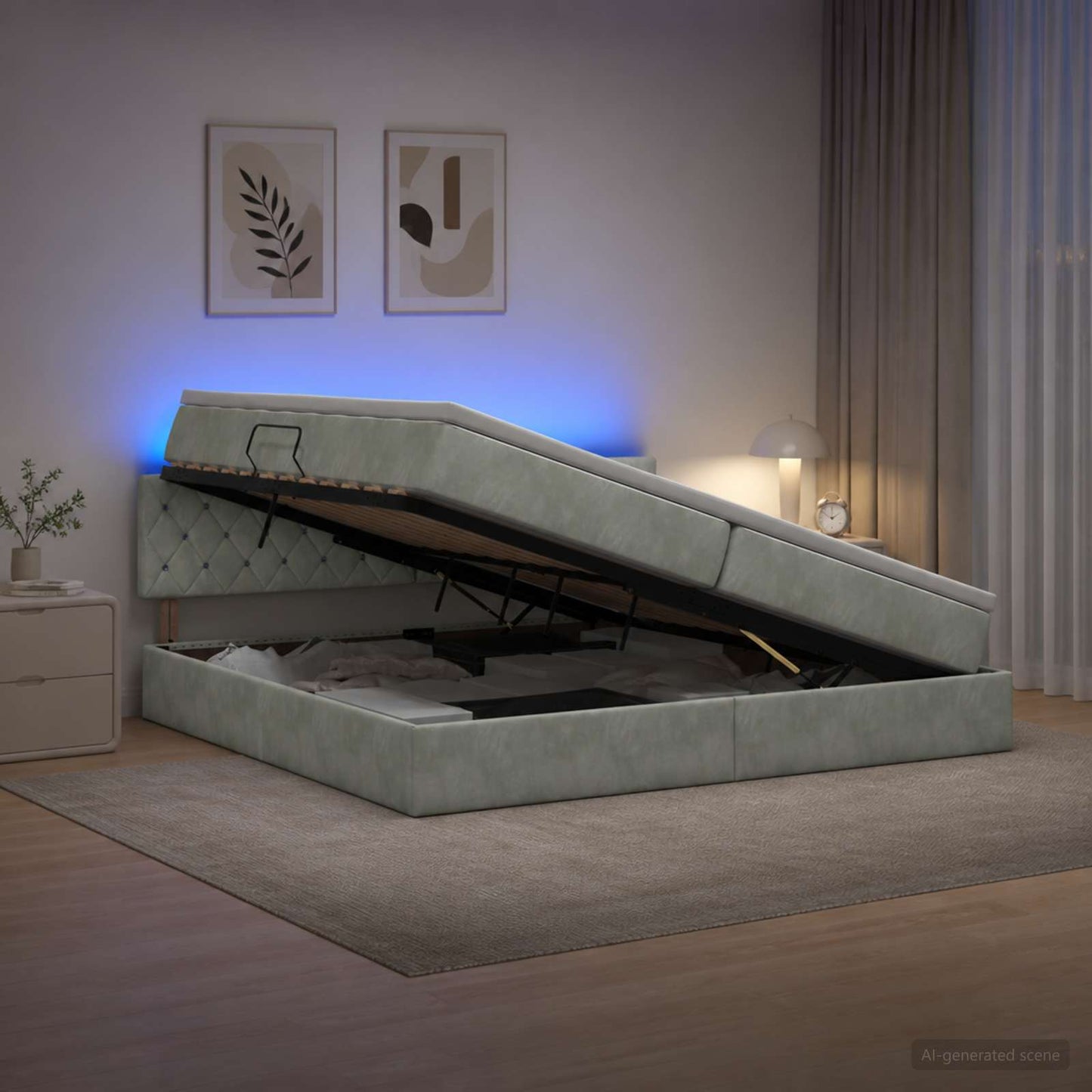 LED tárolós ágy matraccal Világosszürke 200 x 200 cm Bársony