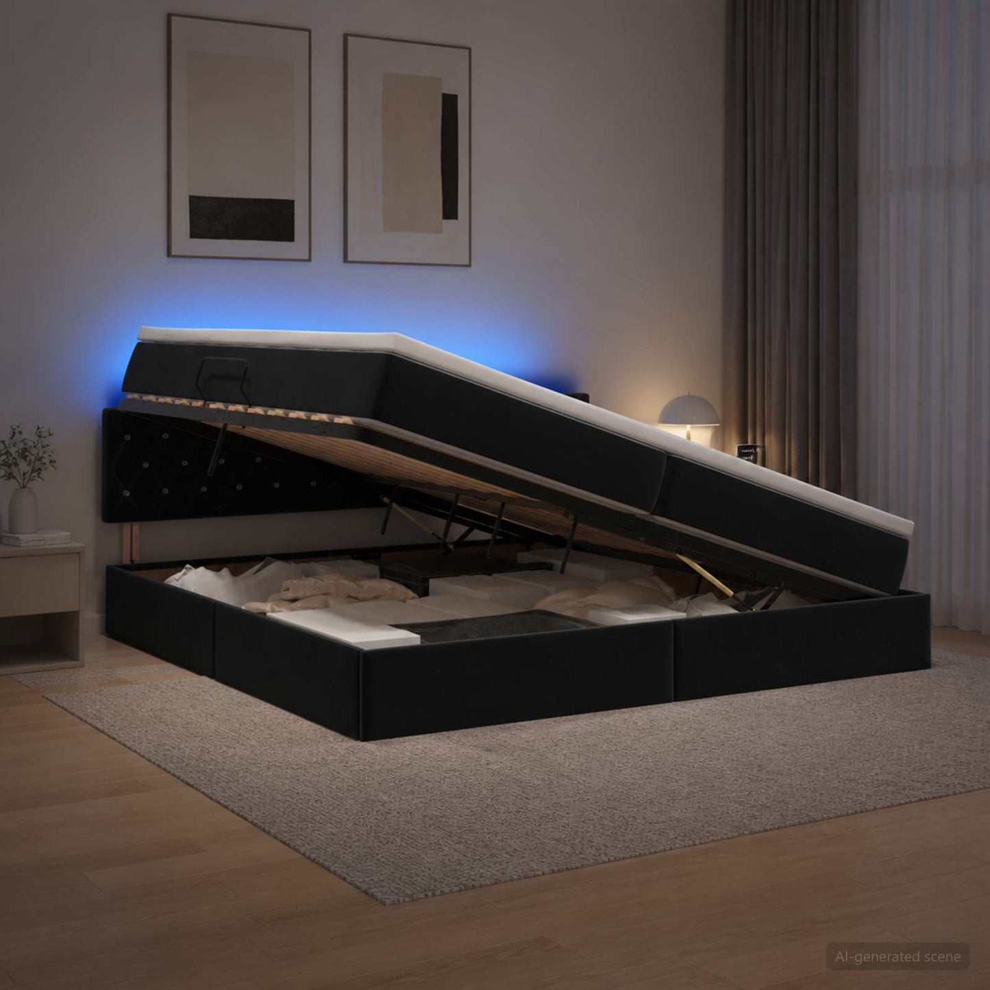 LED tárolós ágy matraccal Fekete 200 x 200 cm Bársony