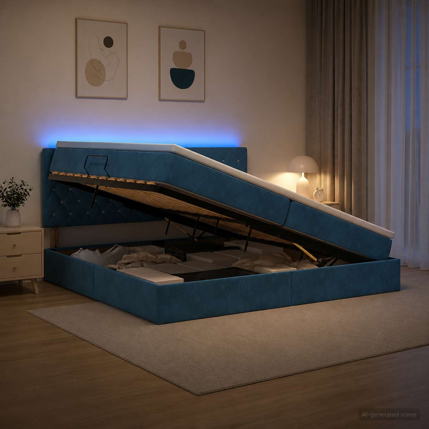 LED tárolós ágy matraccal Sötét kék 200 x 200 cm Bársony