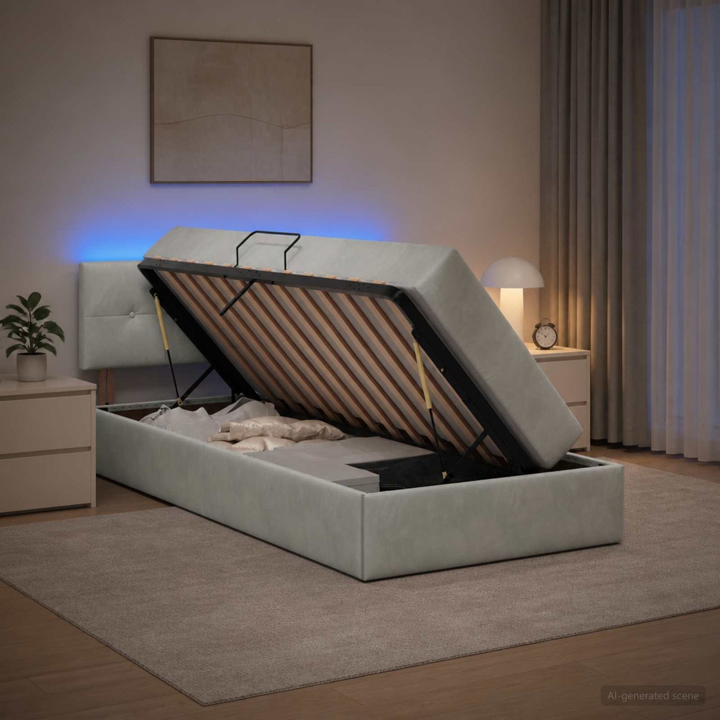 LED tárolós ágy matraccal Világosszürke 100 x 200 cm Bársony