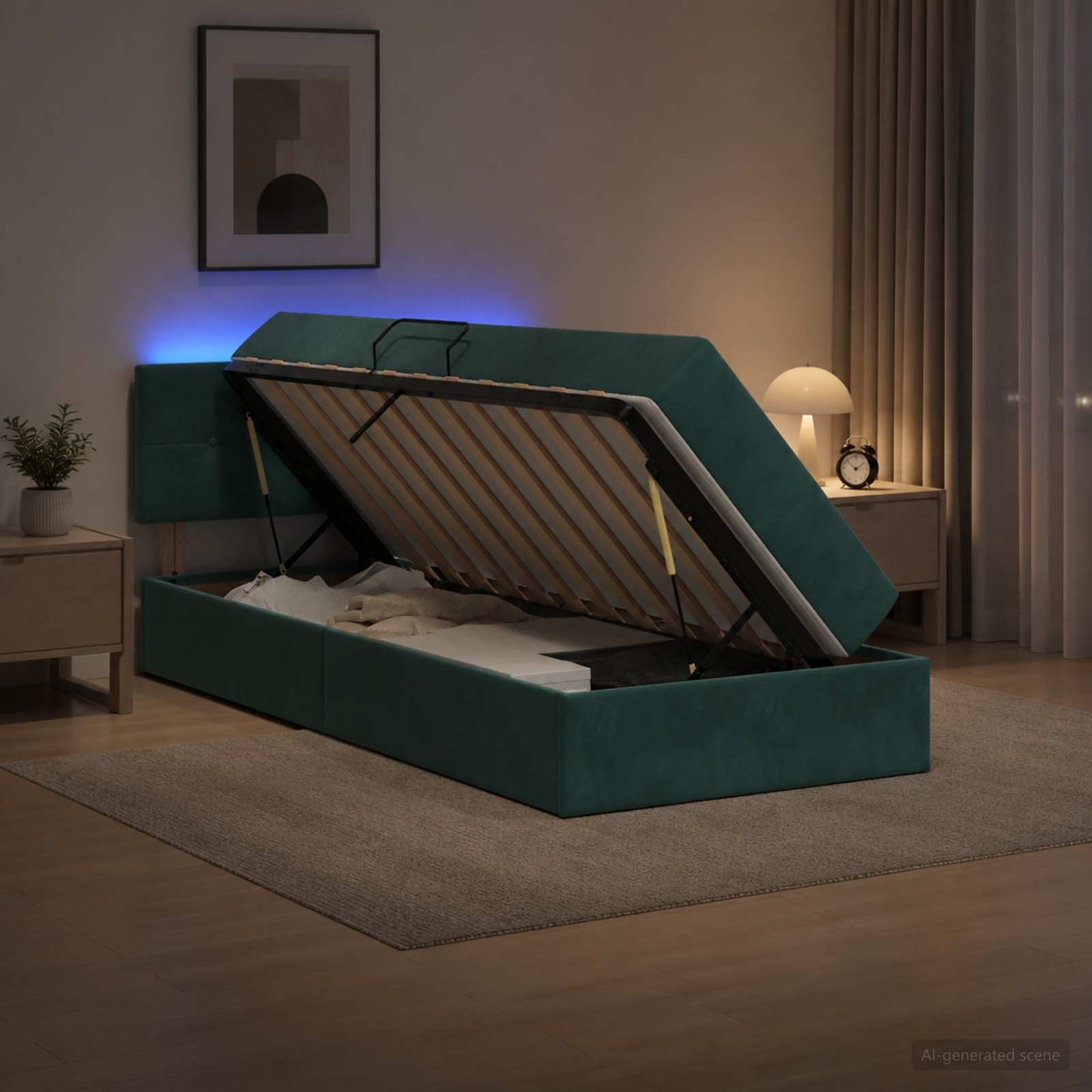 LED tárolós ágy matraccal Sötétzöld 90 x 200 cm Bársony