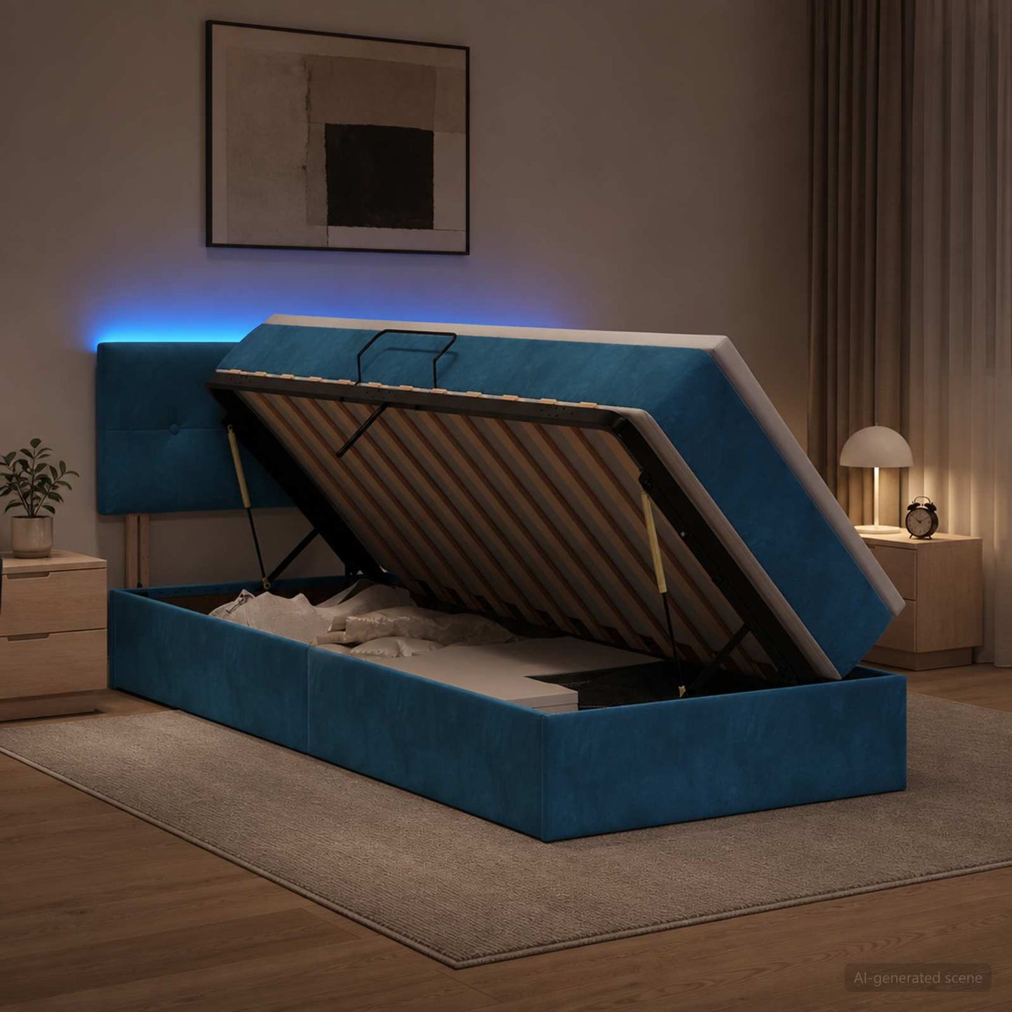 LED tárolós ágy matraccal Sötét kék 90 x 200 cm Bársony