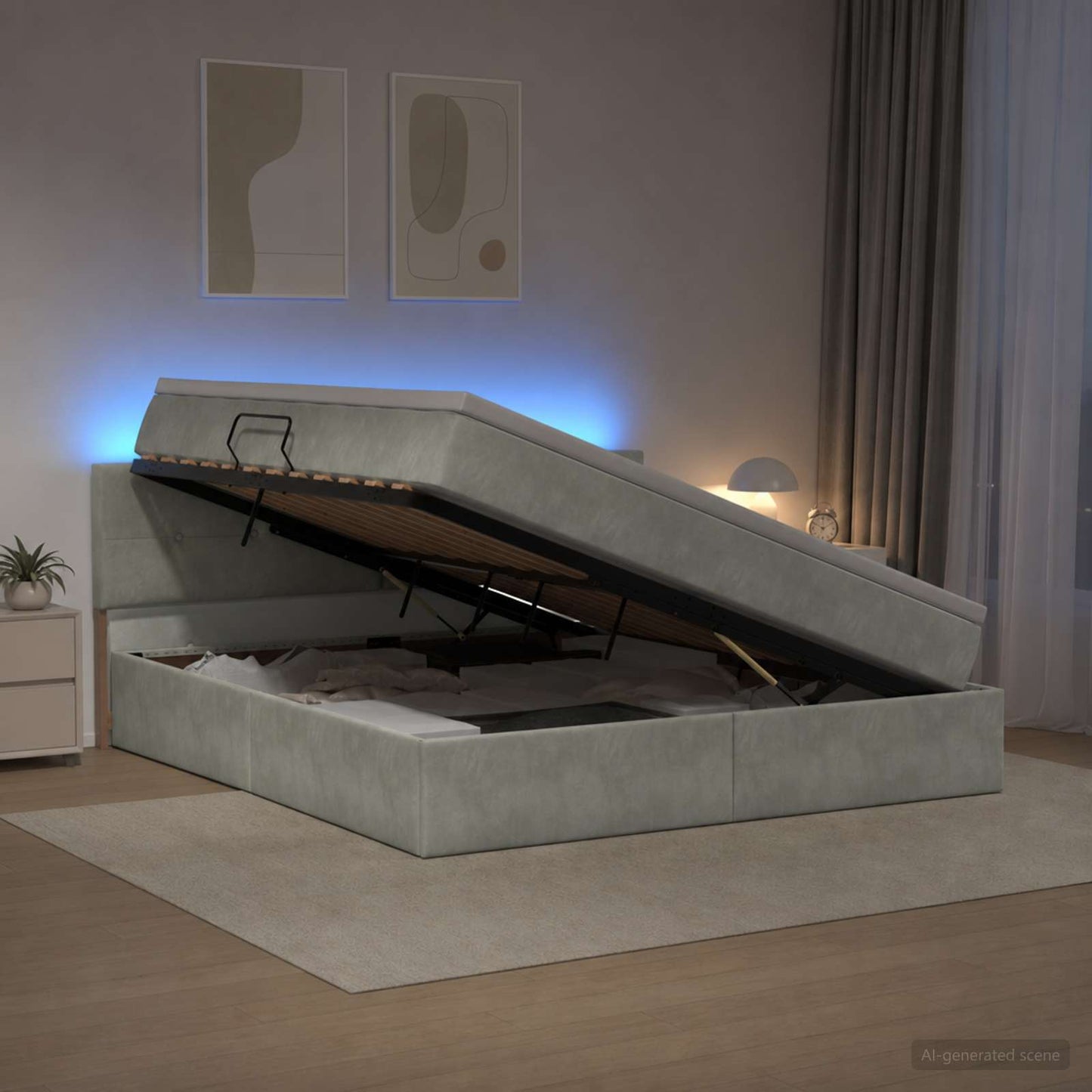 LED tárolós ágy matraccal Világosszürke 140 x 190 cm Bársony