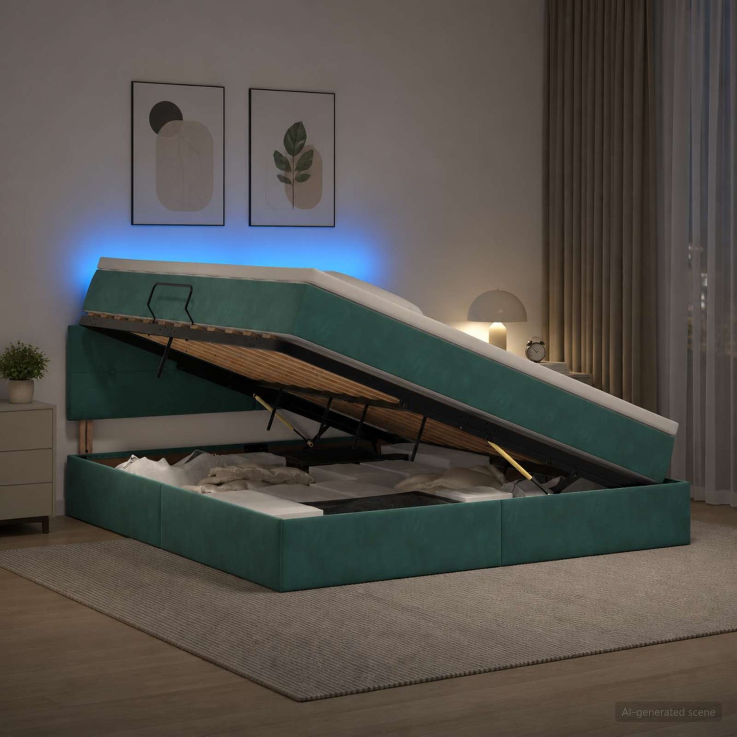 LED tárolós ágy matraccal Sötétzöld 180 x 200 cm Bársony