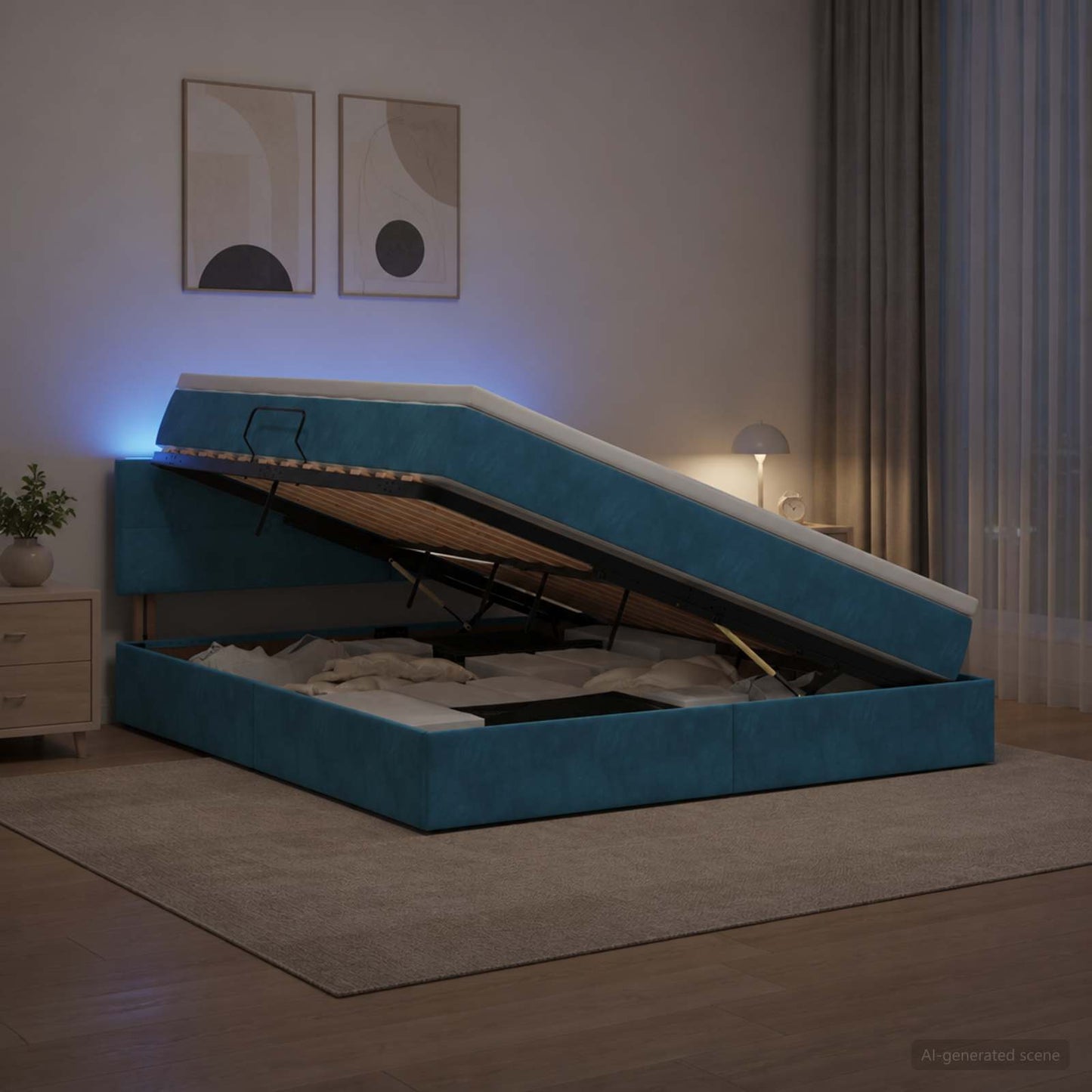 LED tárolós ágy matraccal Sötét kék 160 x 200 cm Bársony