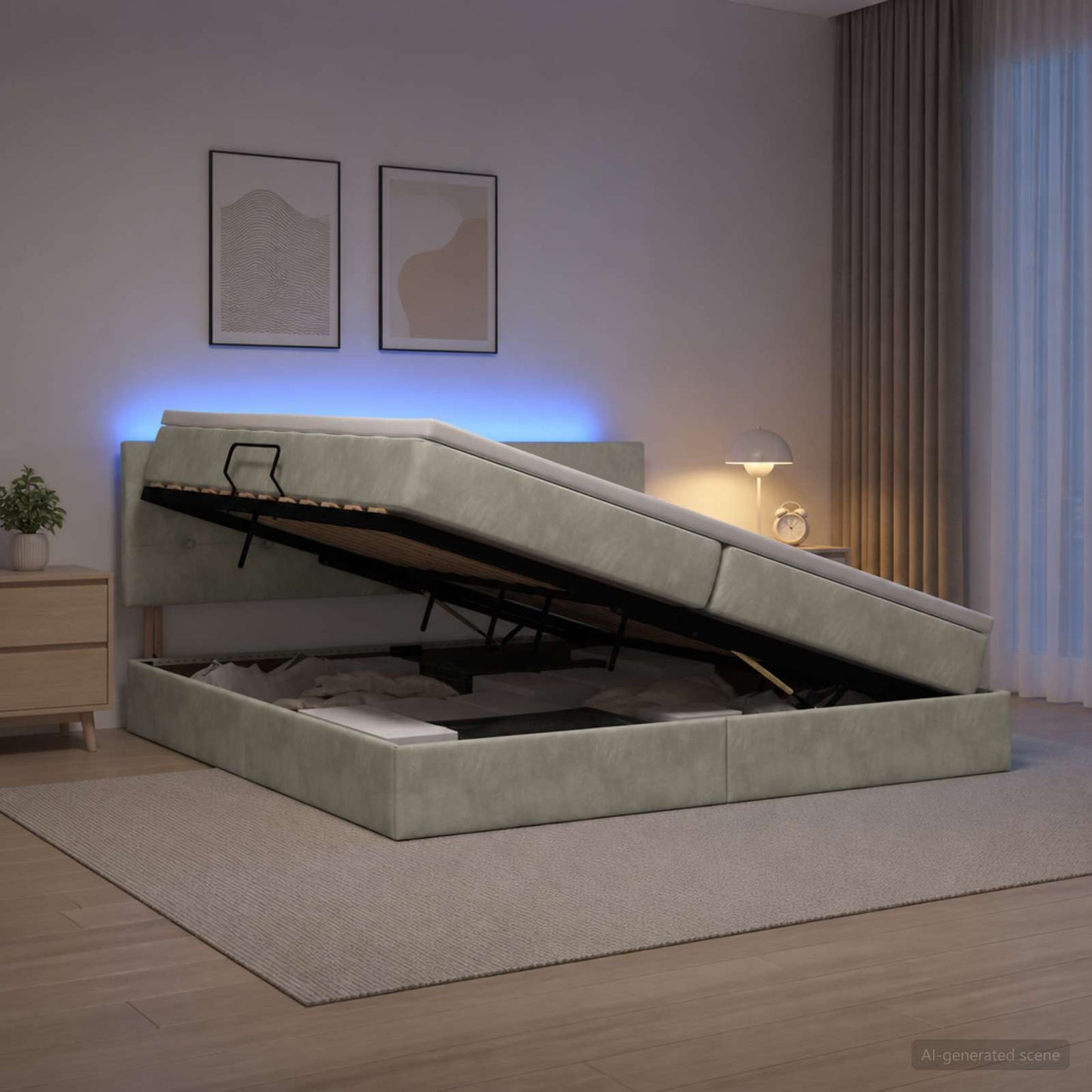 LED tárolós ágy matraccal Világosszürke 200 x 200 cm Bársony