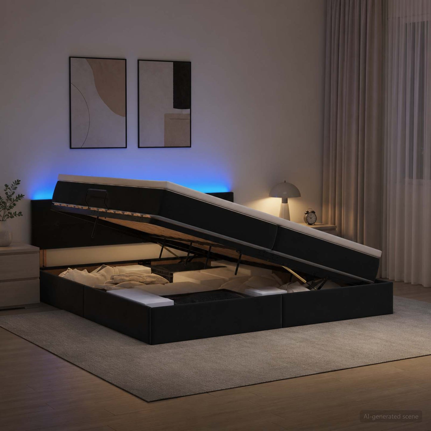 LED tárolós ágy matraccal Fekete 200 x 200 cm Bársony
