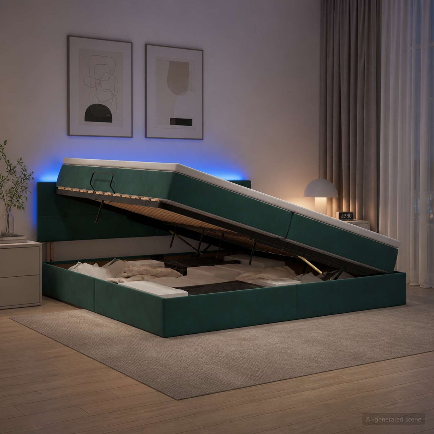 LED tárolós ágy matraccal Sötétzöld 200 x 200 cm Bársony