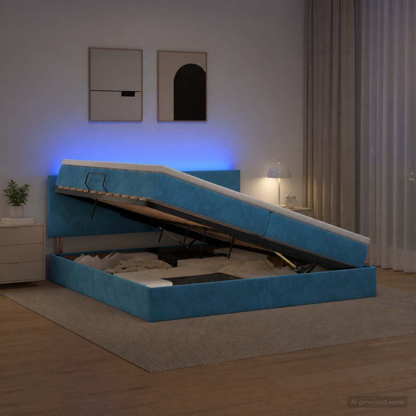 LED tárolós ágy matraccal Sötét kék 200 x 200 cm Bársony