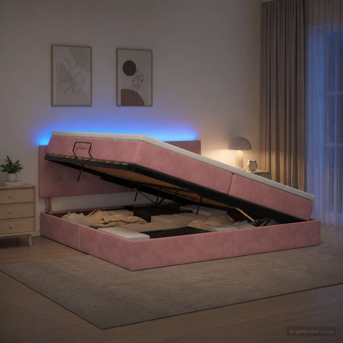 LED tárolós ágy matraccal Rózsaszín 200 x 200 cm Bársony