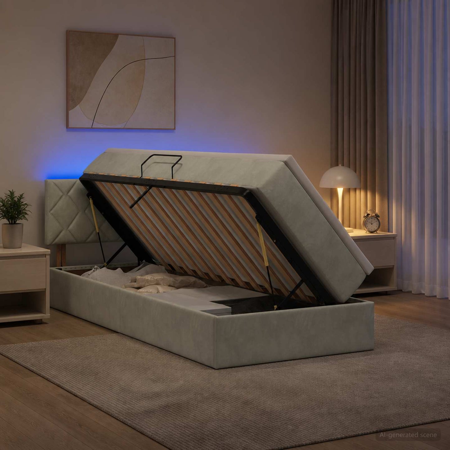 LED tárolós ágy matraccal Világosszürke 90 x 200 cm Bársony