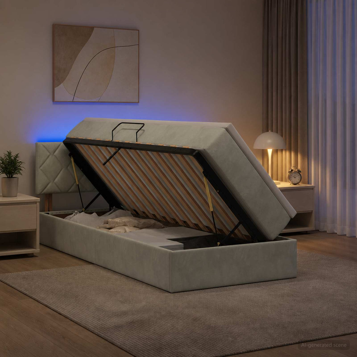 LED tárolós ágy matraccal Világosszürke 100 x 200 cm Bársony