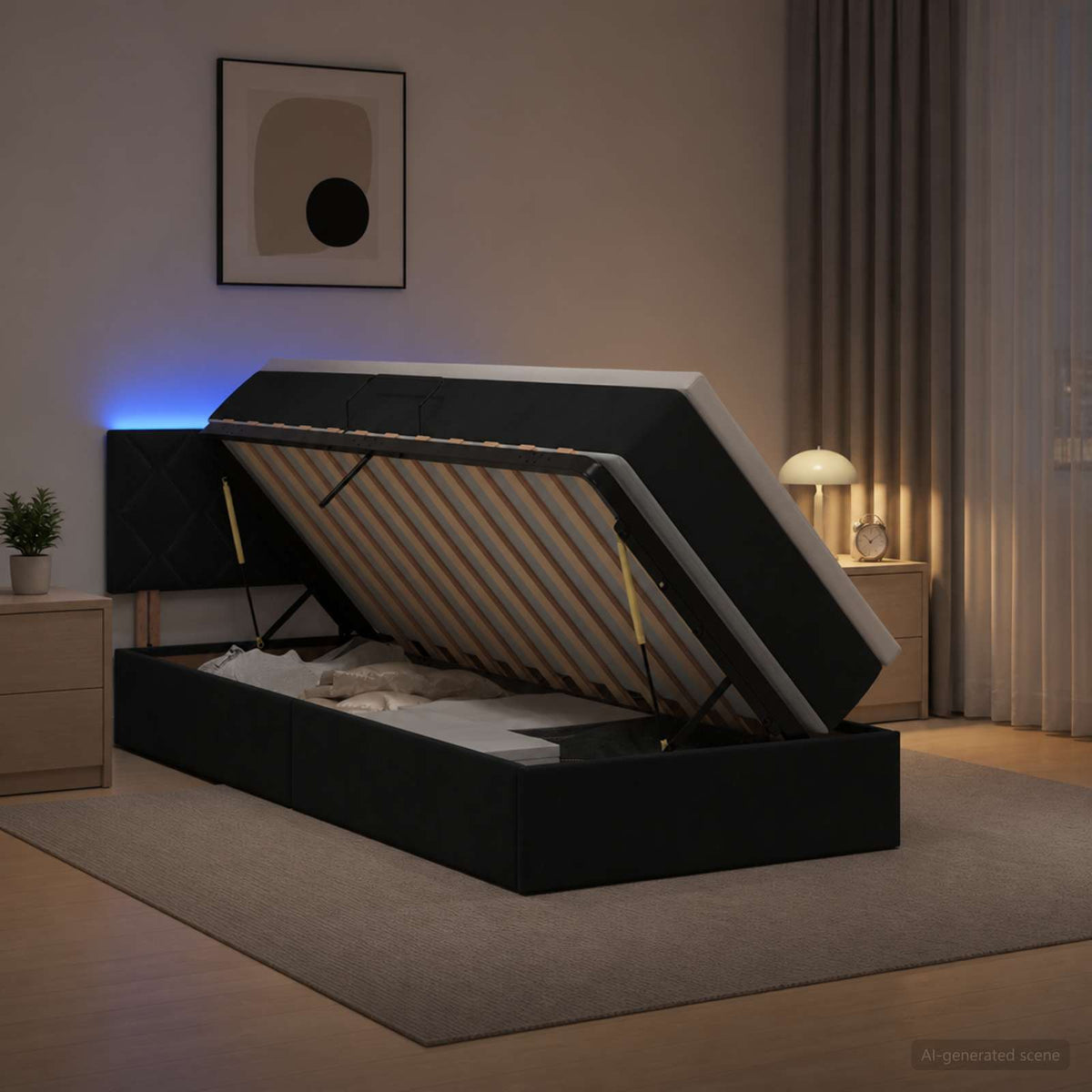 LED tárolós ágy matraccal Fekete 90 x 190 cm Bársony