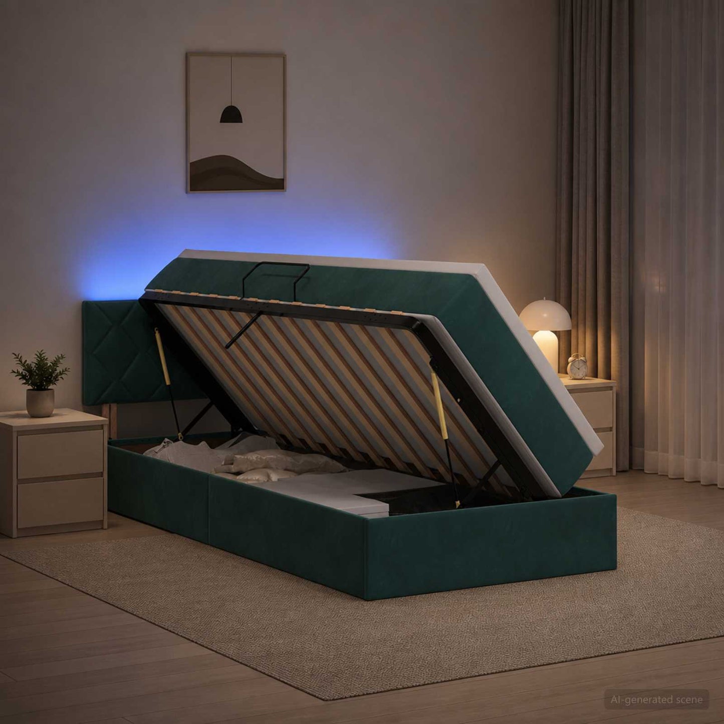 LED tárolós ágy matraccal Sötétzöld 90 x 190 cm Bársony