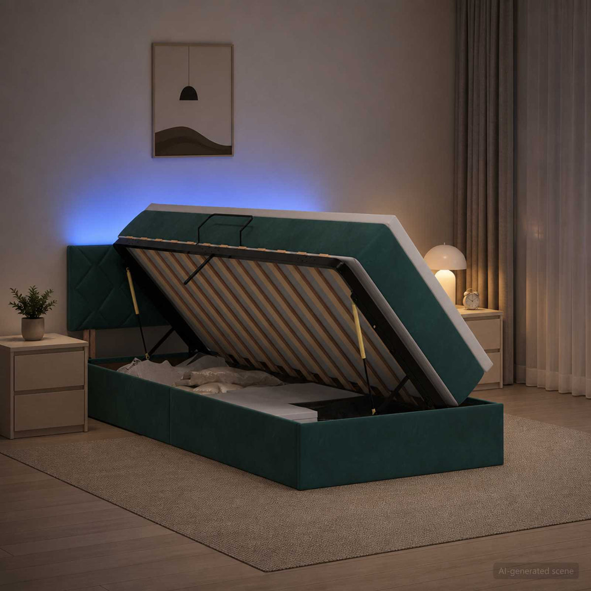 LED tárolós ágy matraccal Sötétzöld 90 x 200 cm Bársony