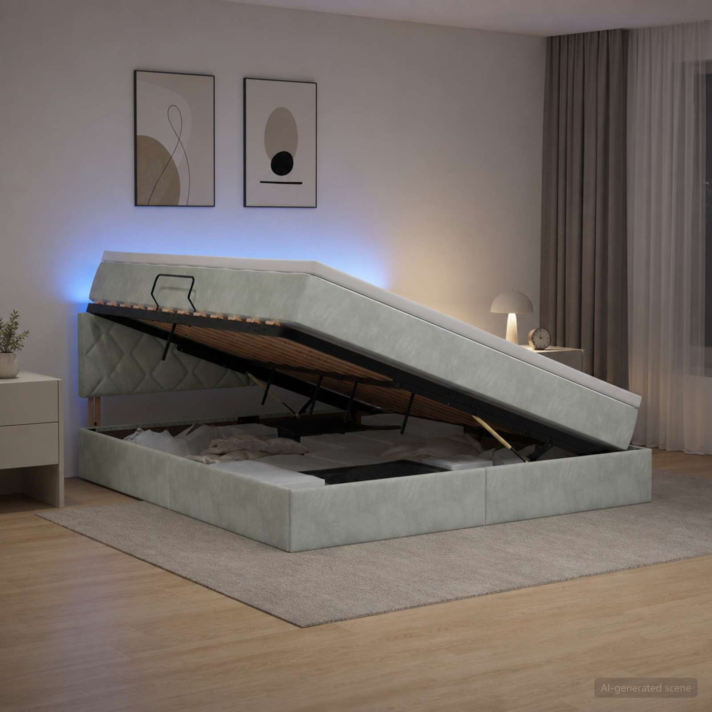 LED tárolós ágy matraccal Világosszürke 140 x 190 cm Bársony