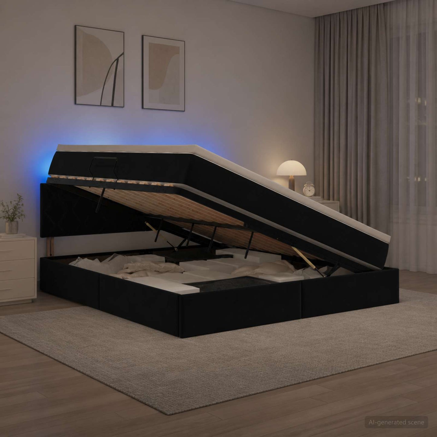 LED tárolós ágy matraccal Fekete 180 x 200 cm Bársony