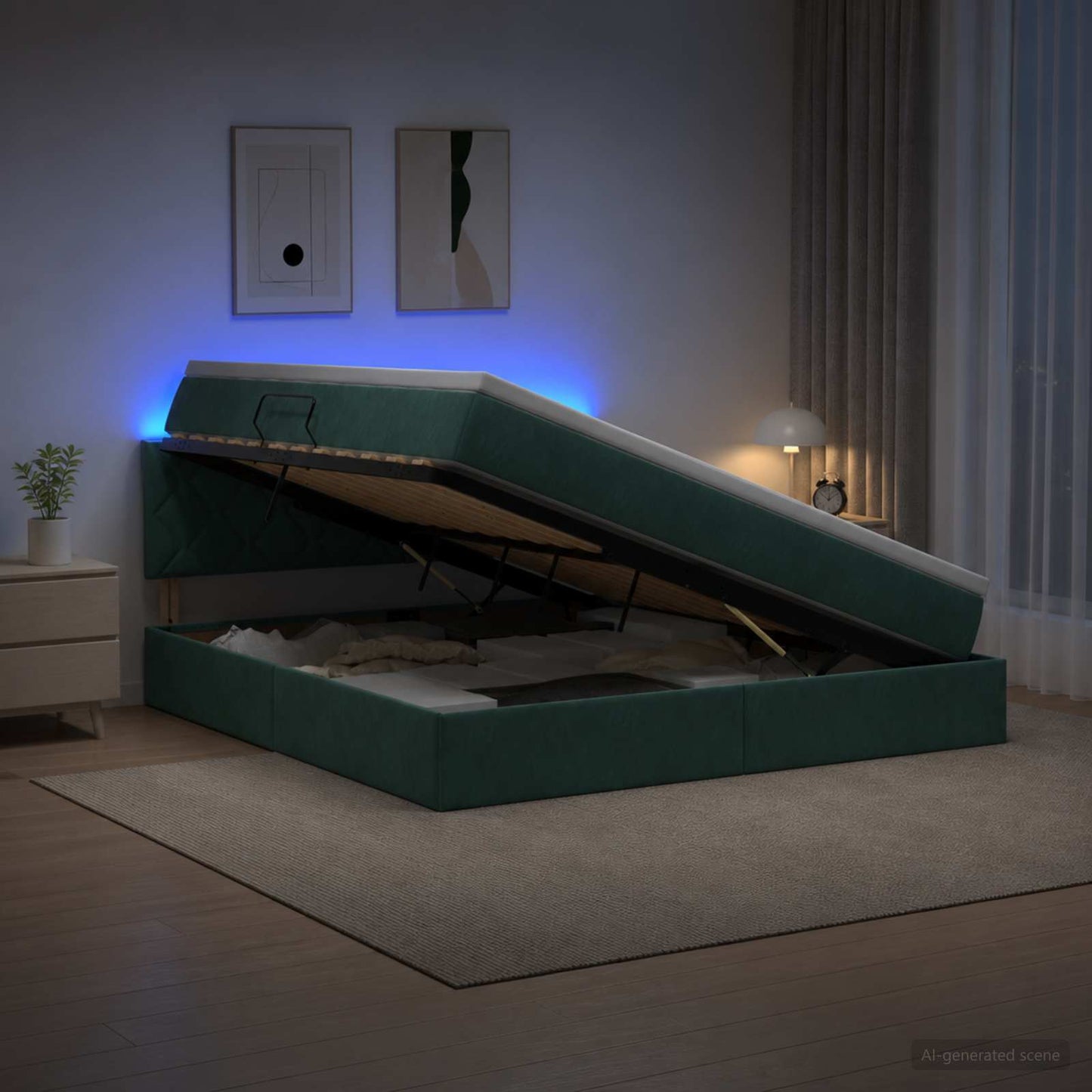 LED tárolós ágy matraccal Sötétzöld 160 x 200 cm Bársony