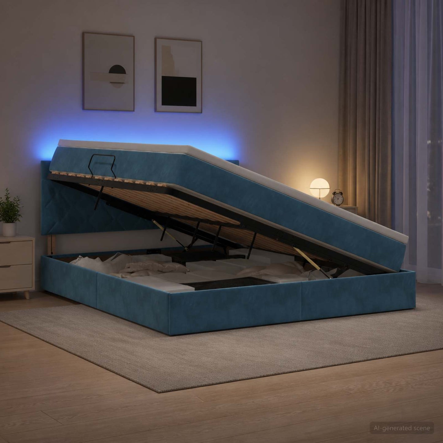 LED tárolós ágy matraccal Sötét kék 180 x 200 cm Bársony