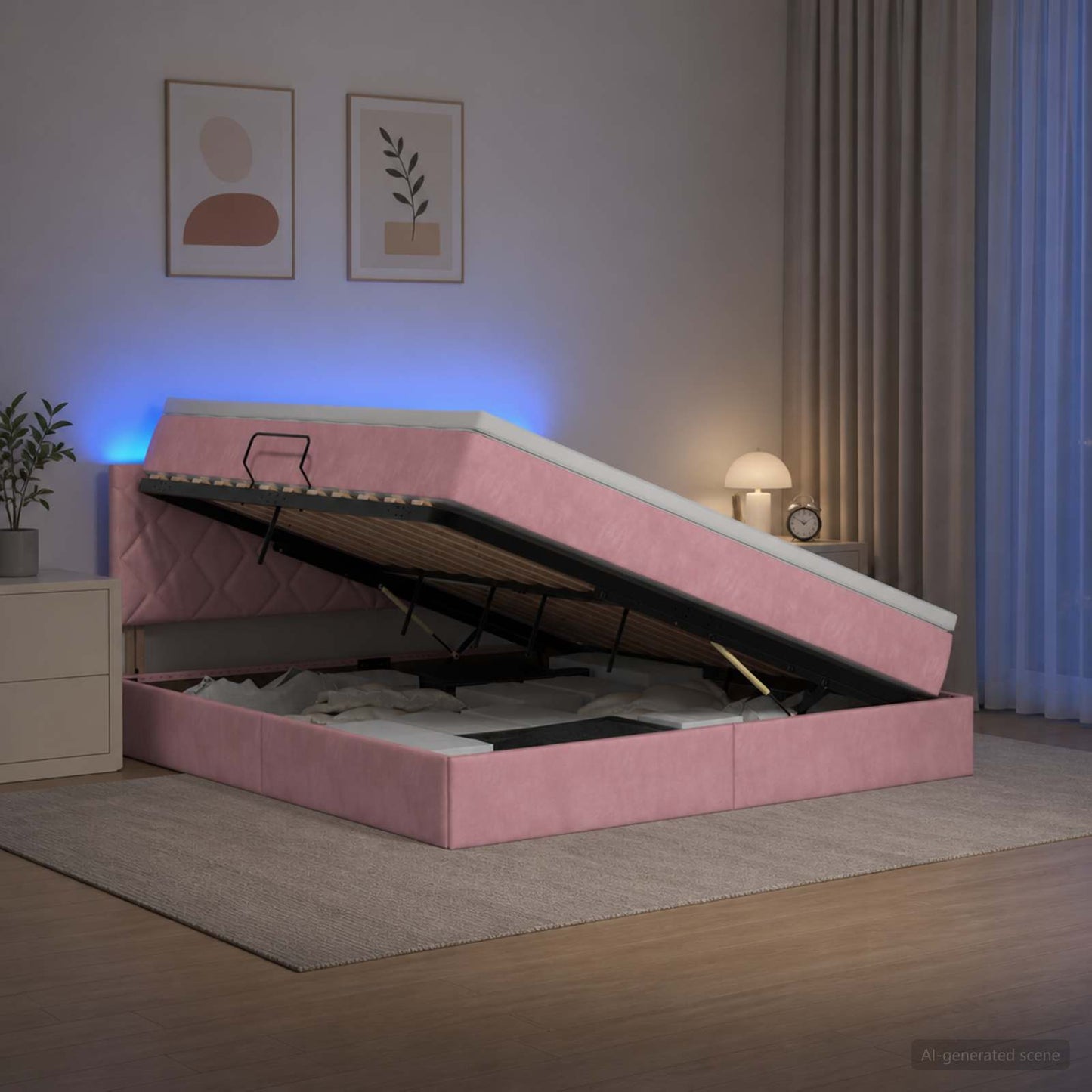LED tárolós ágy matraccal Rózsaszín 180 x 200 cm Bársony