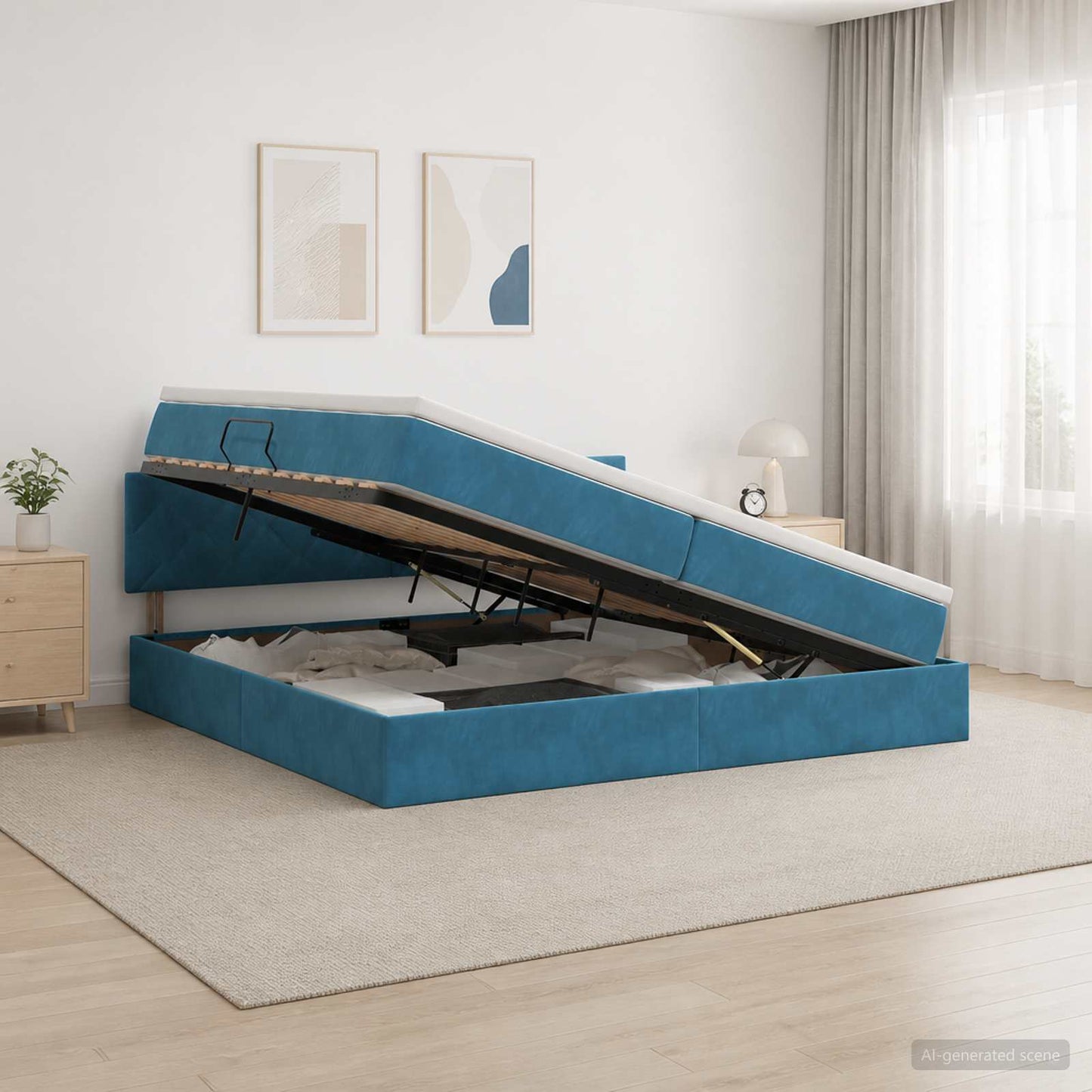 Tárolós Ágy fejtámlával Sötét kék 200 x 200 cm Bársony