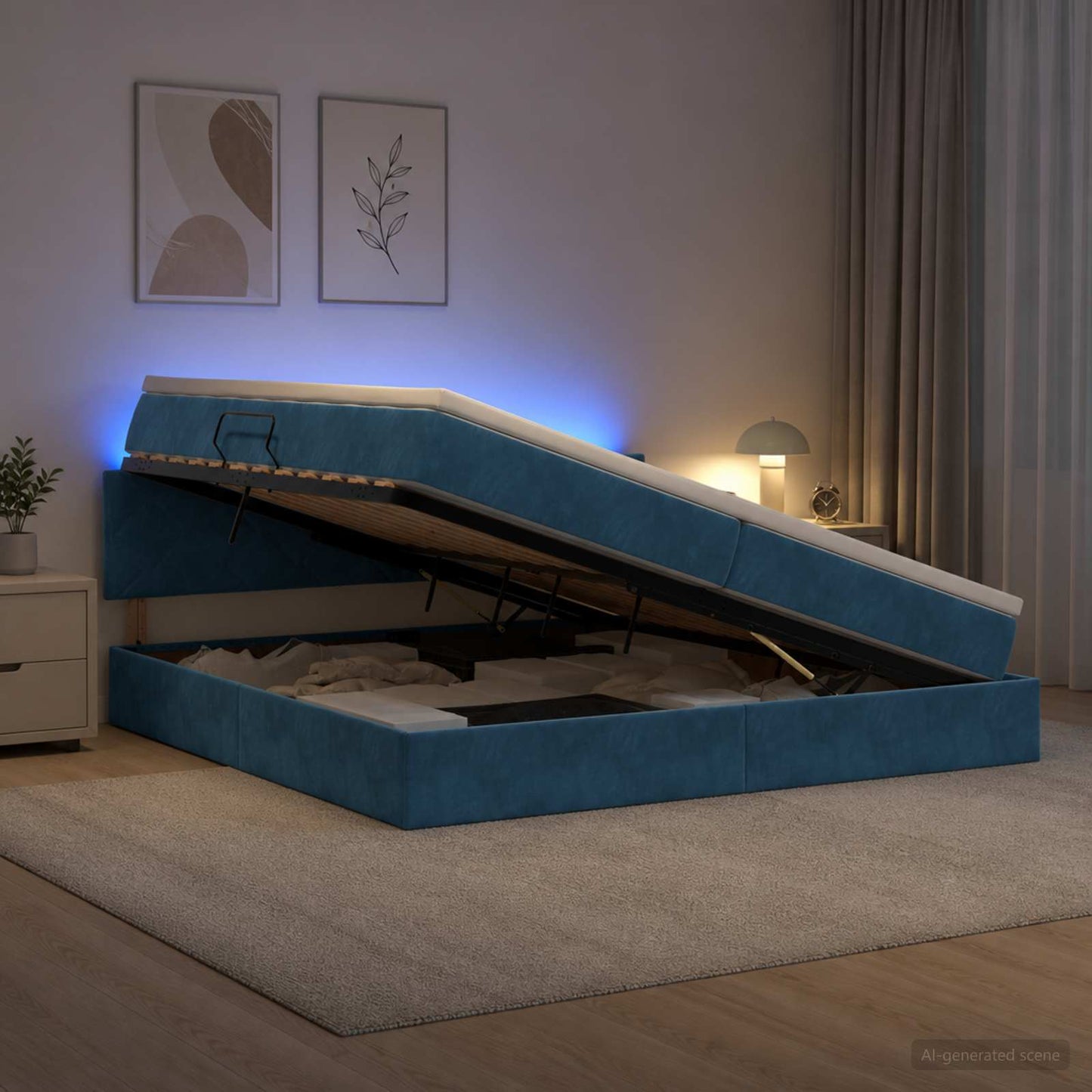 LED tárolós ágy matraccal Sötét kék 200 x 200 cm Bársony