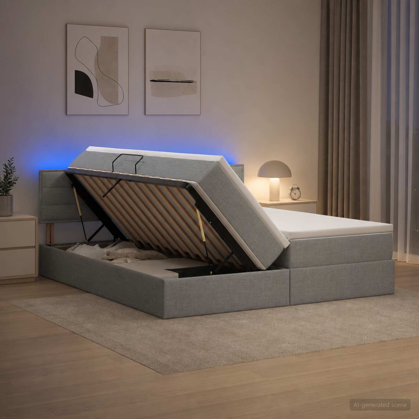 LED tárolós ágy matraccal Világosszürke 200 x 200 cm Szövet