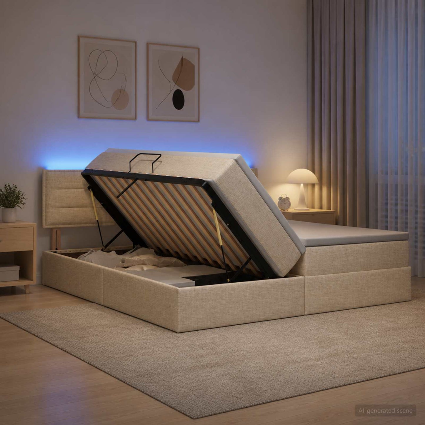 LED tárolós ágy matraccal Krémszínű 200 x 200 cm Szövet