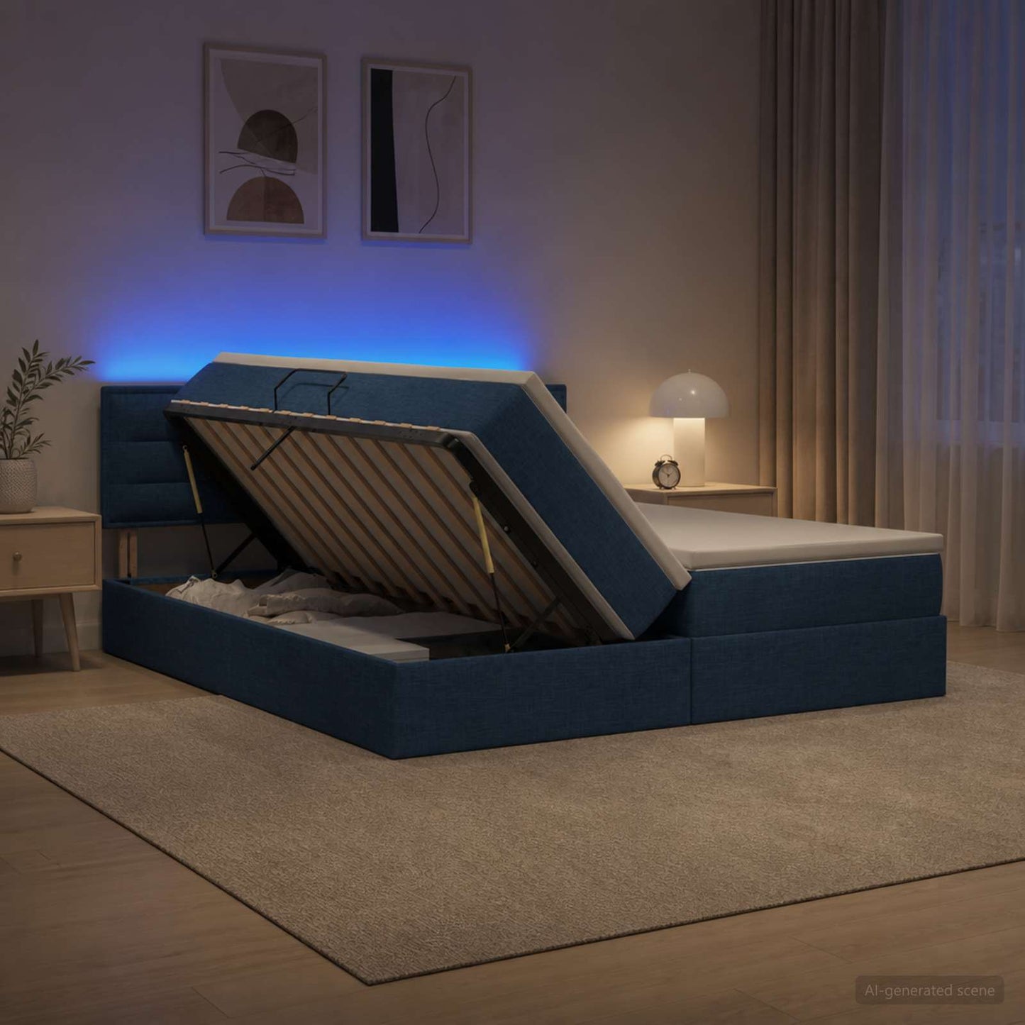 LED tárolós ágy matraccal Kék 180 x 200 cm Szövet