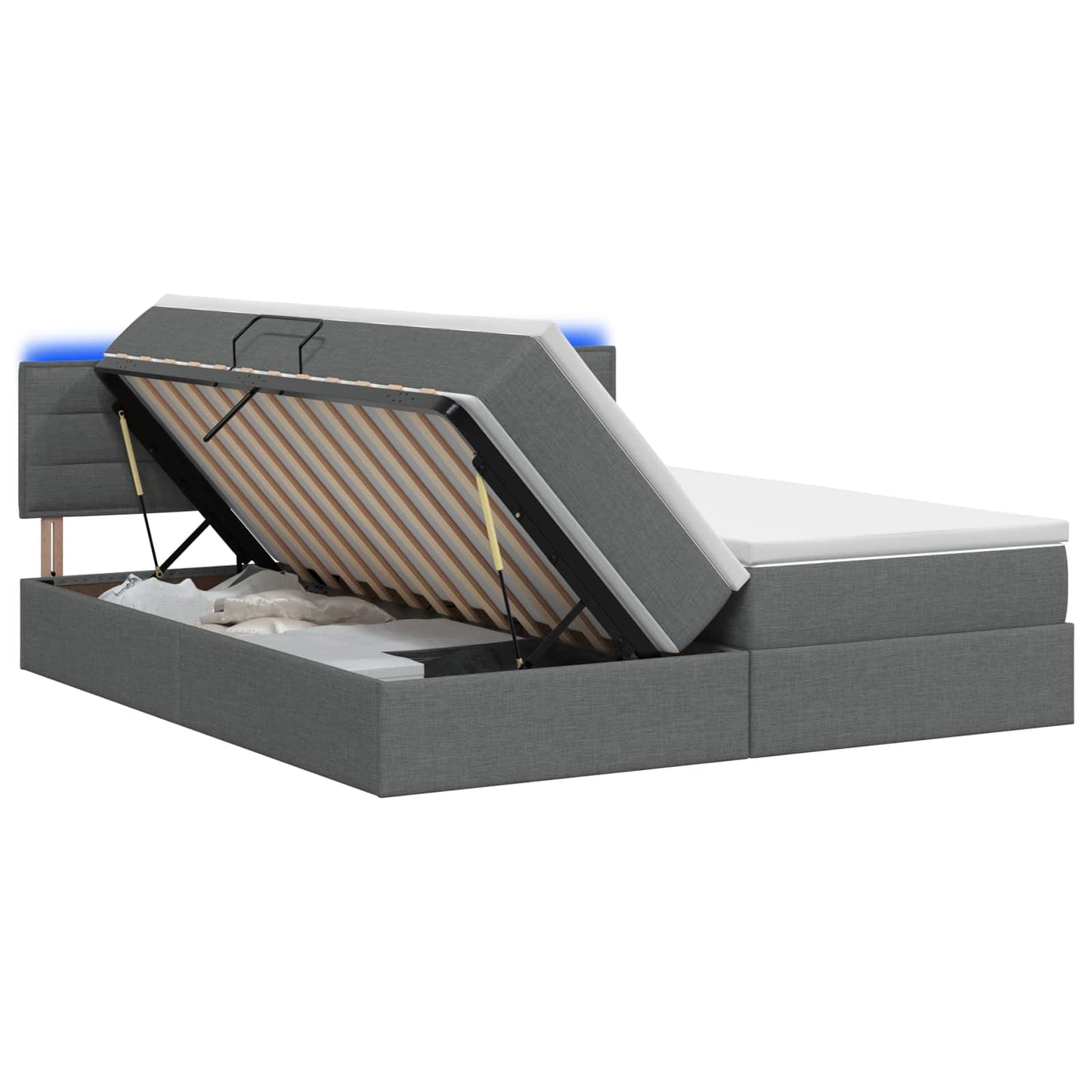 LED tárolós ágy matraccal Sötétszürke 200 x 200 cm Szövet