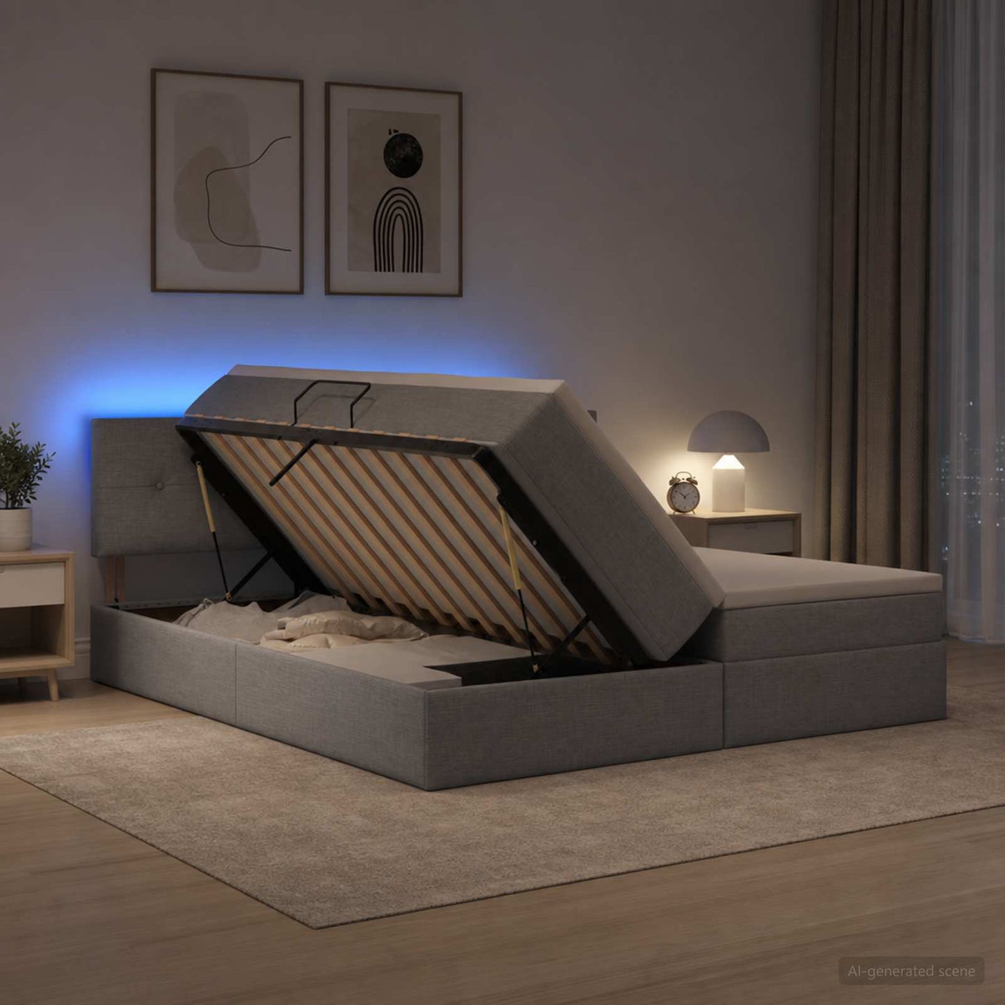 LED tárolós ágy matraccal Világosszürke 200 x 200 cm Szövet