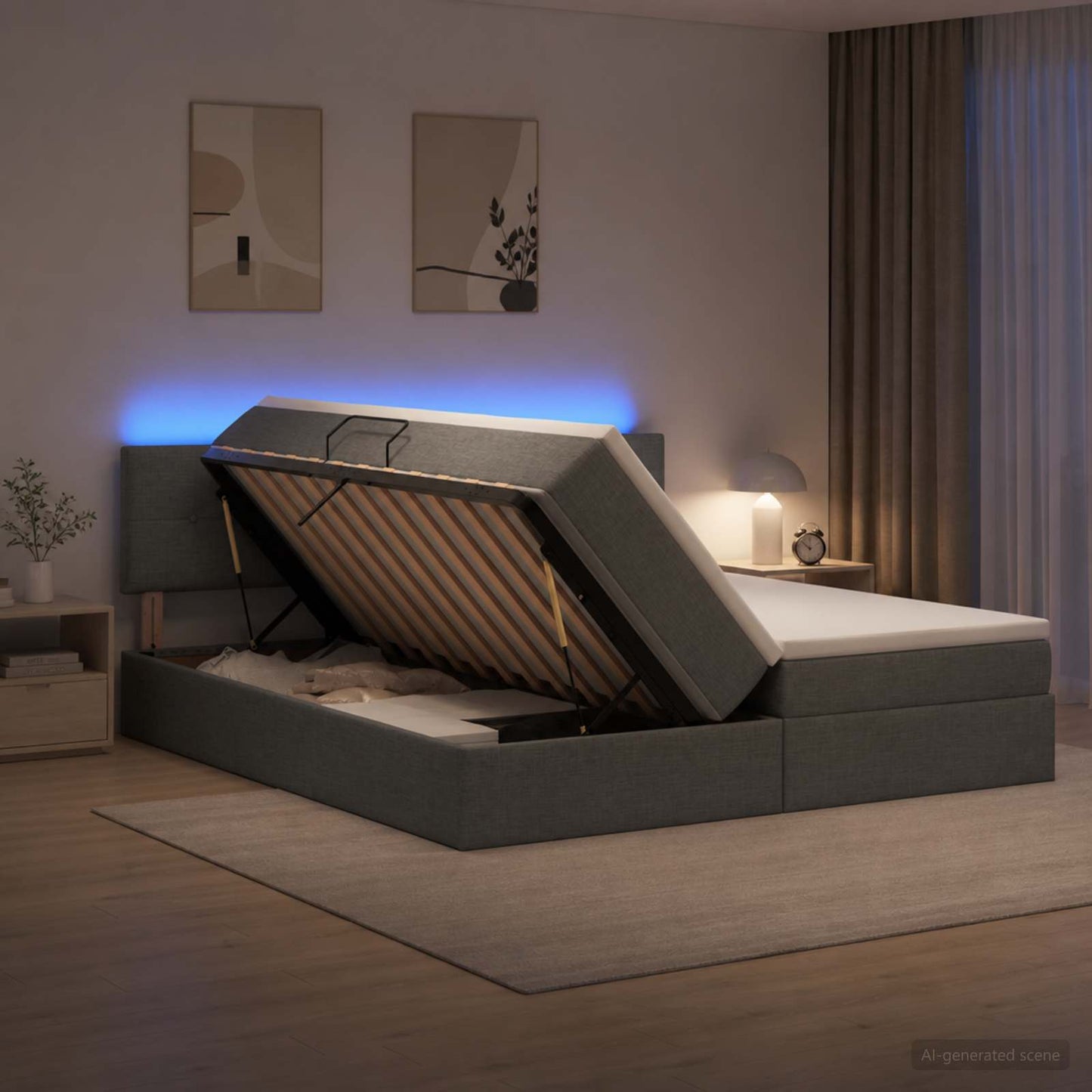 LED tárolós ágy matraccal Sötétszürke 200 x 200 cm Szövet