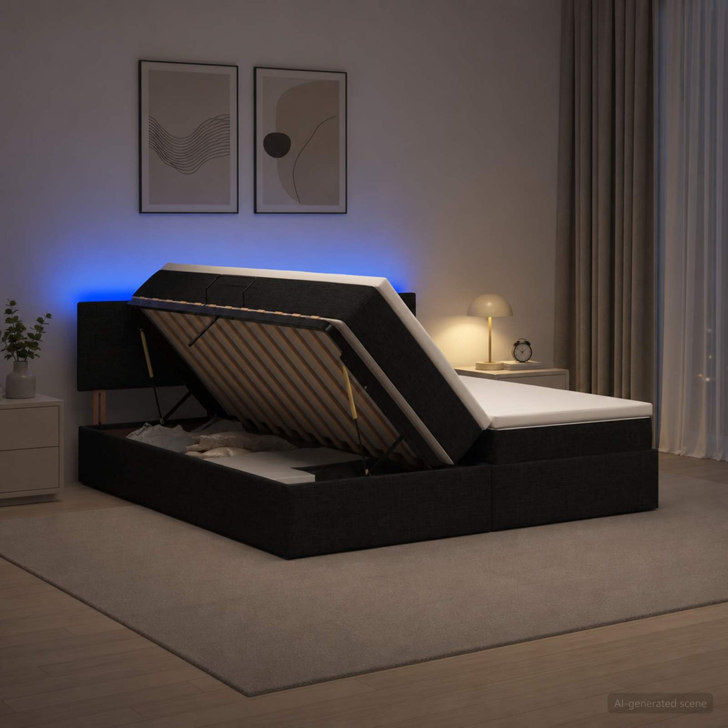 LED tárolós ágy matraccal Fekete 200 x 200 cm Szövet