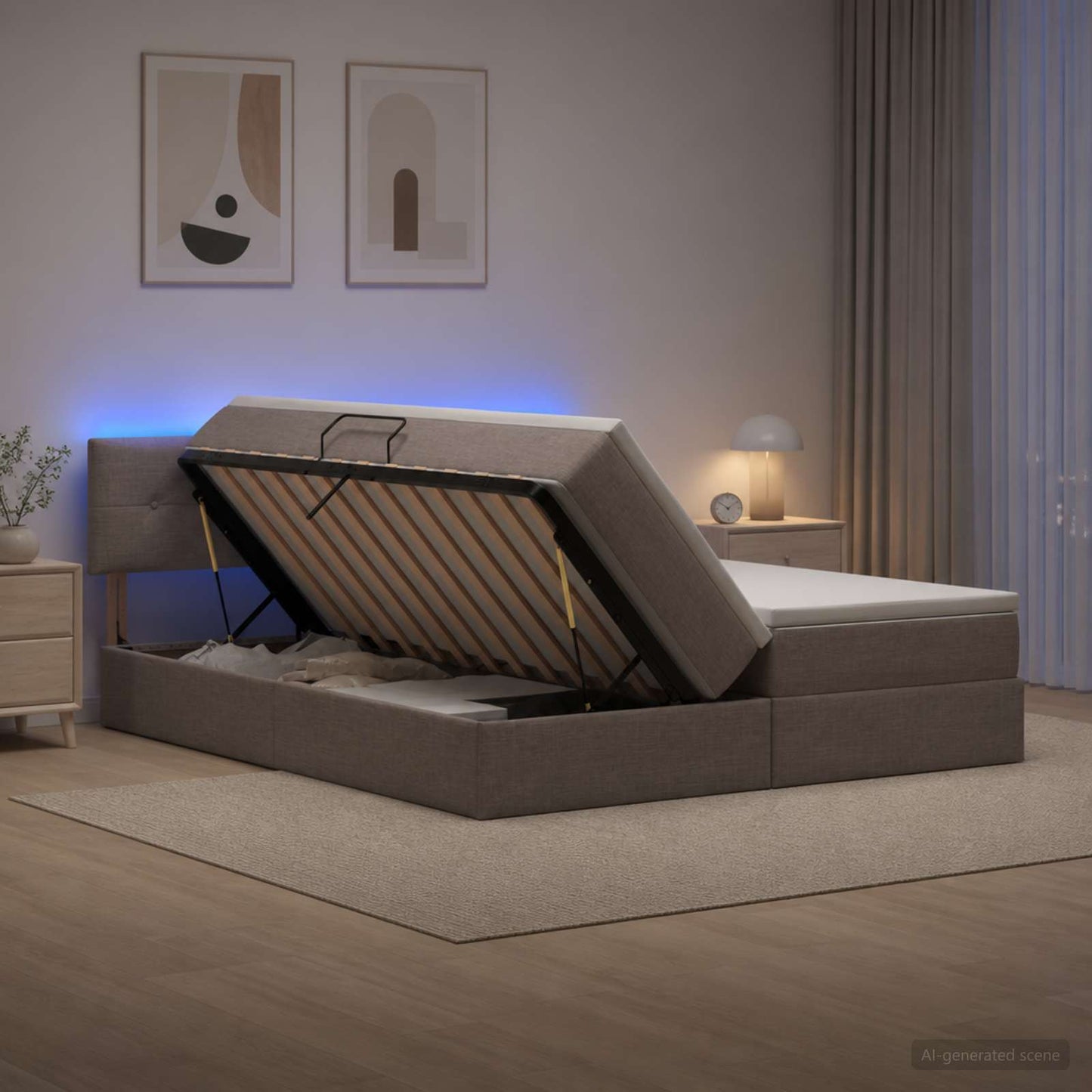 LED tárolós ágy matraccal Tópszínű 180 x 200 cm Szövet