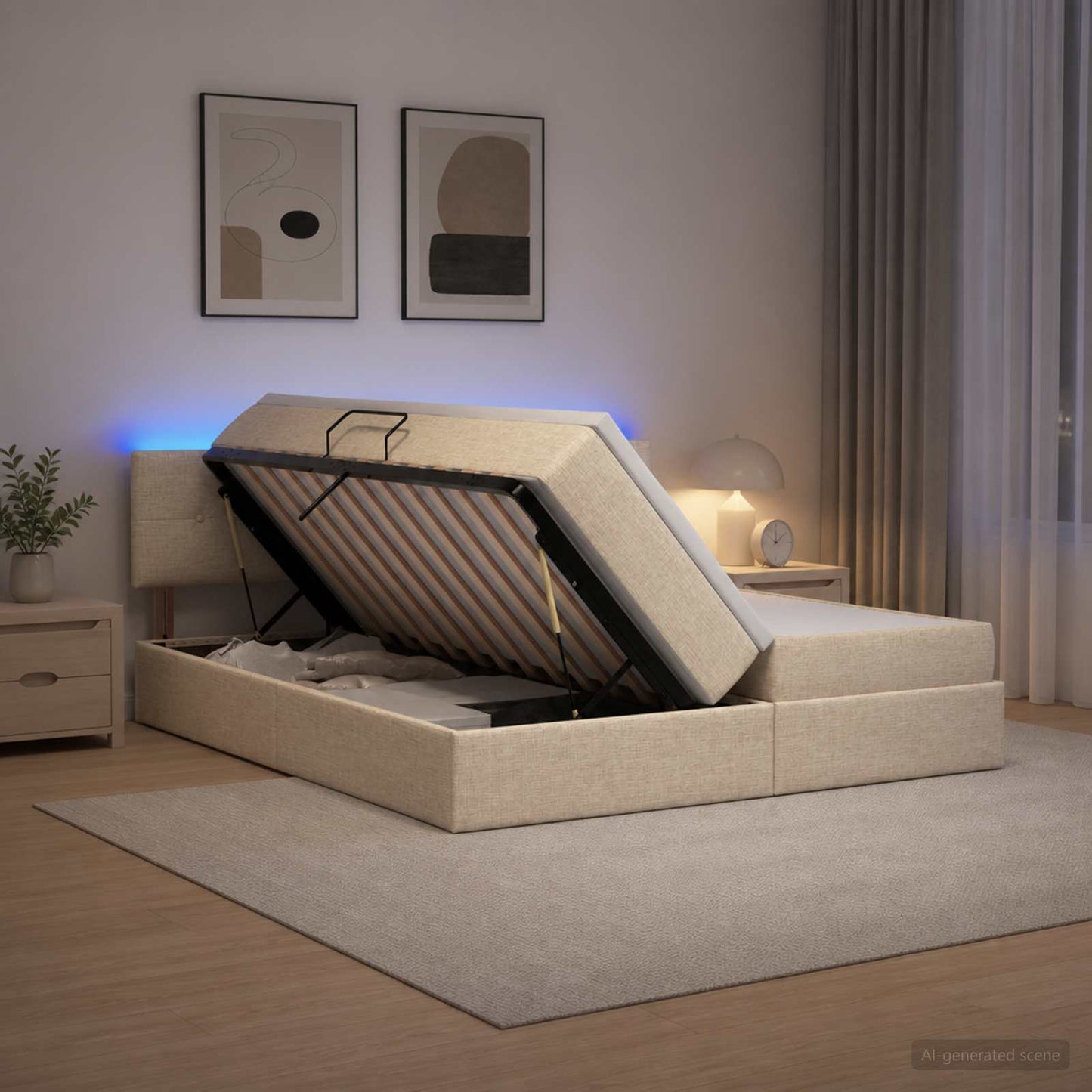LED tárolós ágy matraccal Krémszínű 180 x 200 cm Szövet
