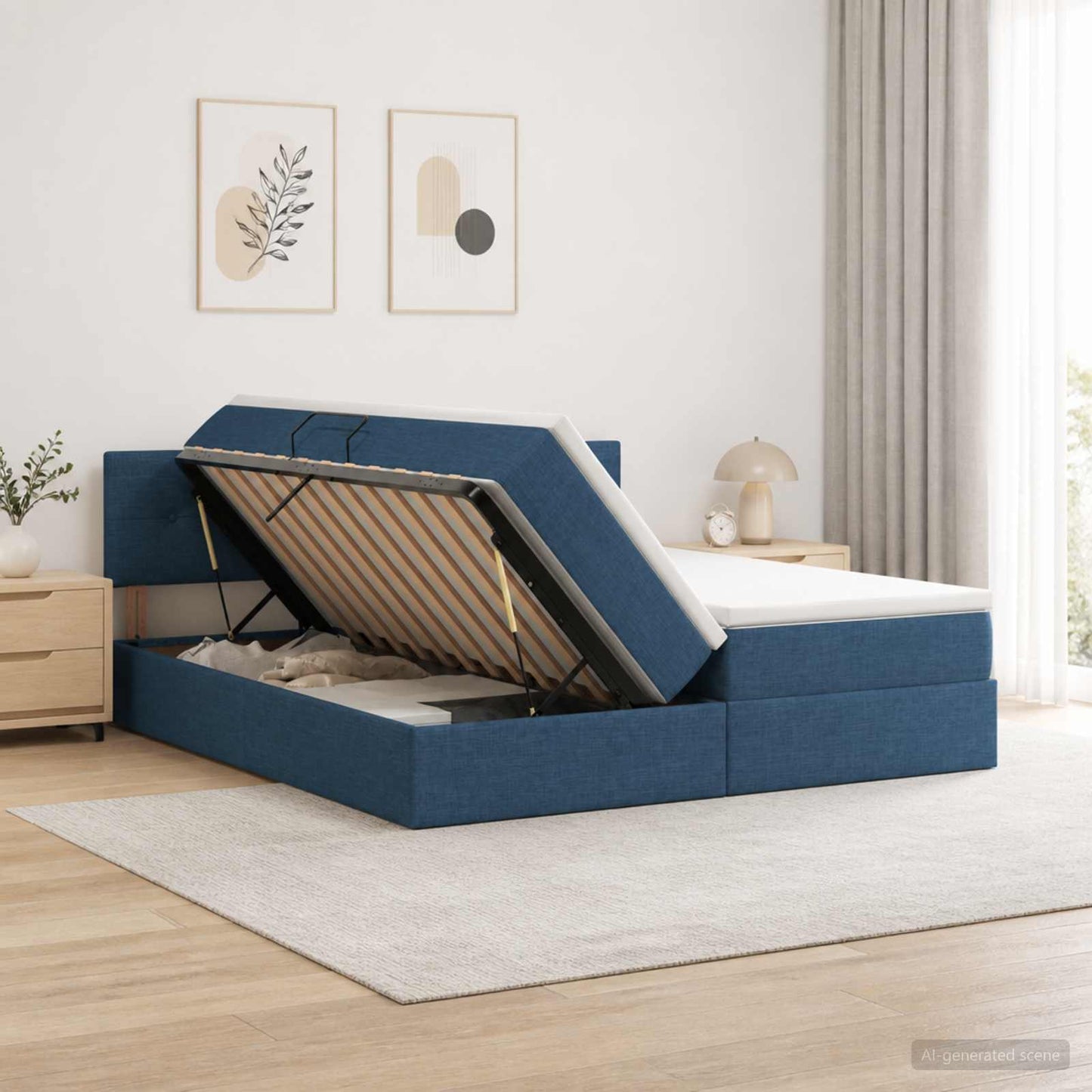 LED tárolós ágy matraccal Kék 200 x 200 cm Szövet