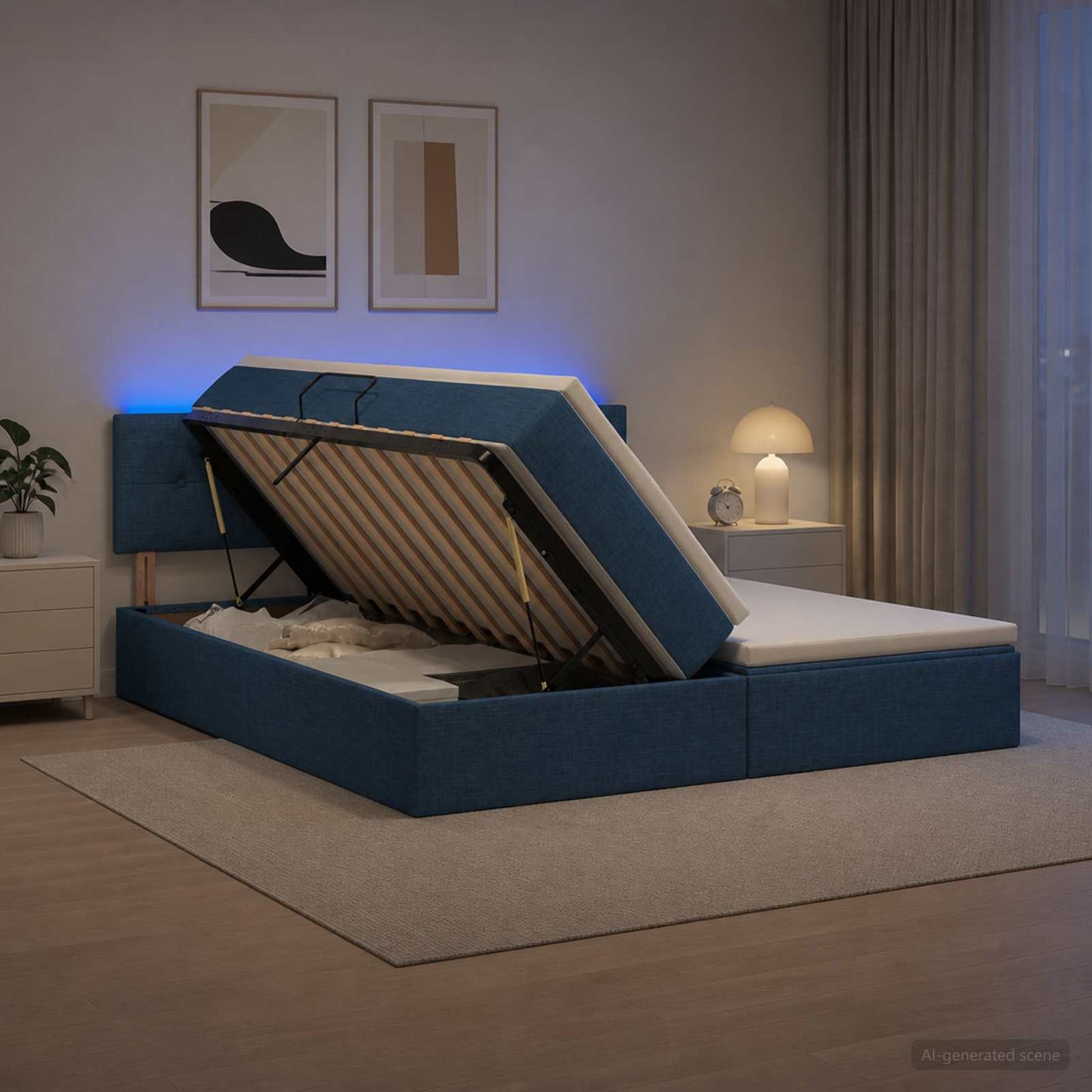 LED tárolós ágy matraccal Kék 200 x 200 cm Szövet