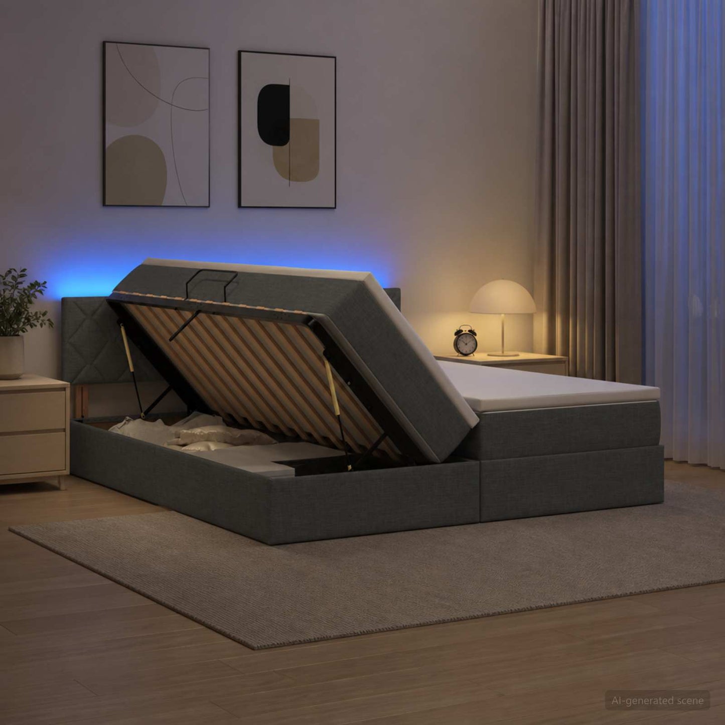 LED tárolós ágy matraccal Sötétszürke 180 x 200 cm Szövet