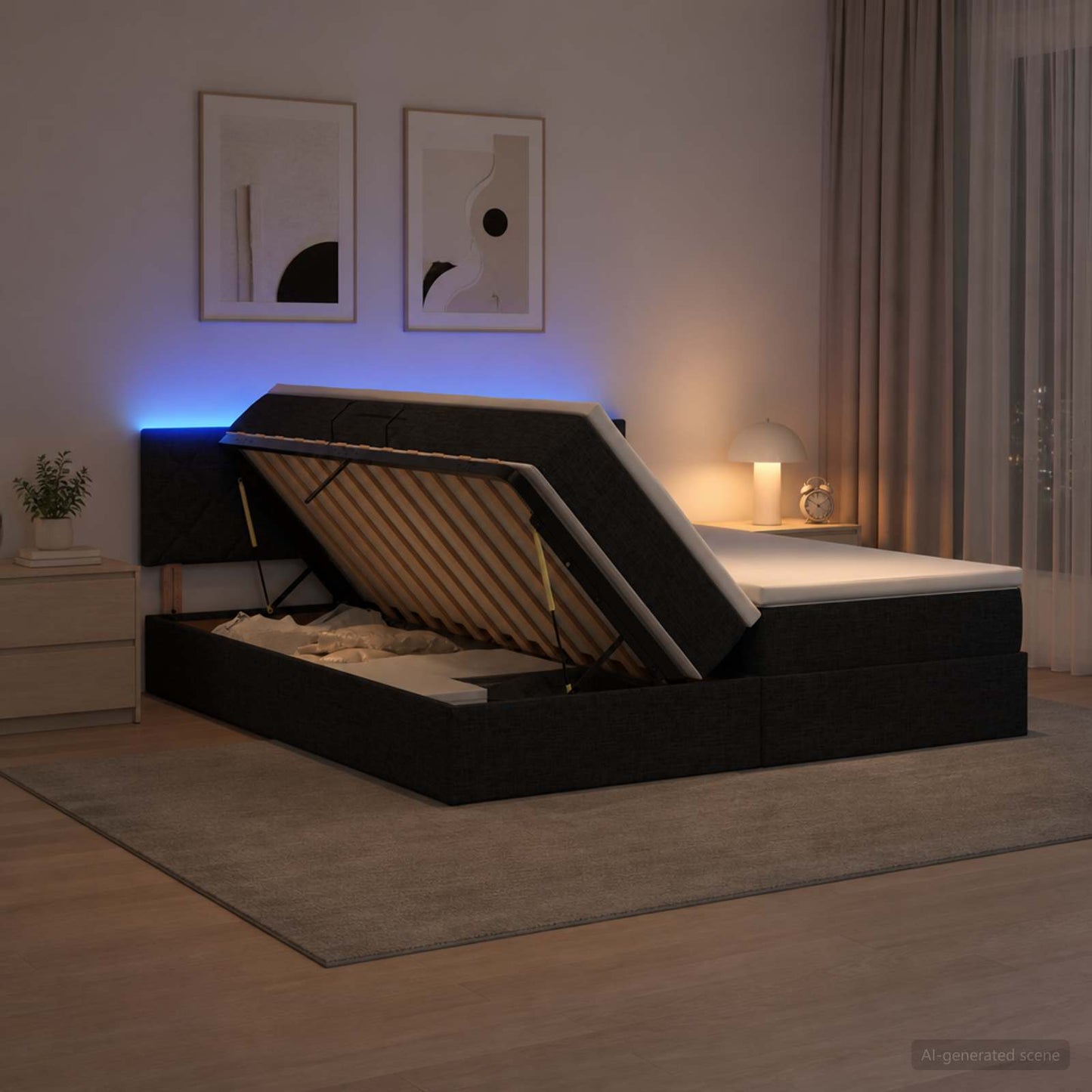 LED tárolós ágy matraccal Fekete 200 x 200 cm Szövet