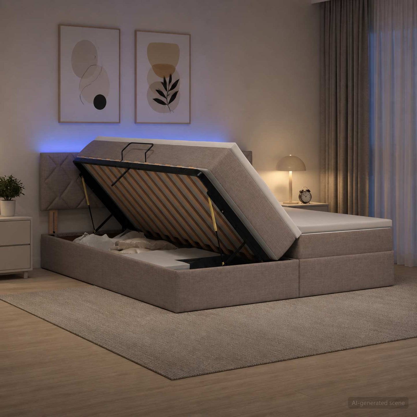LED tárolós ágy matraccal Tópszínű 180 x 200 cm Szövet