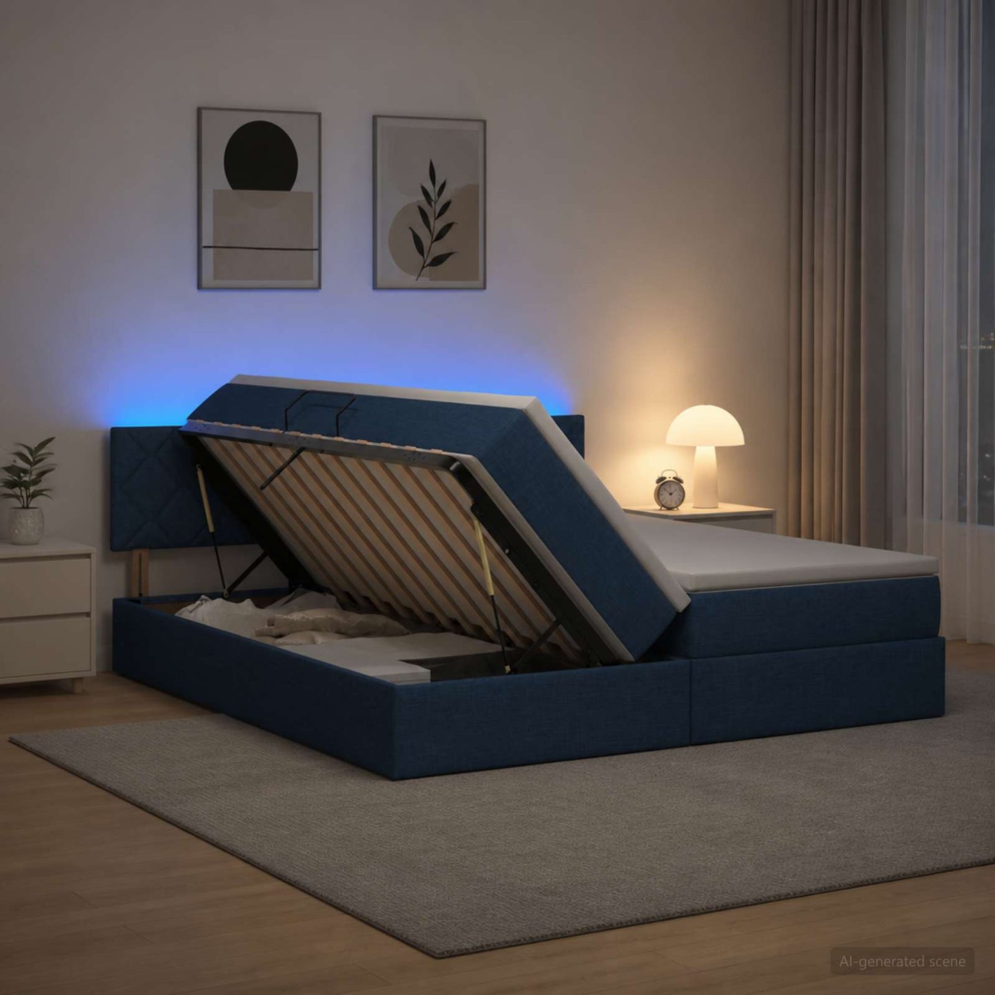 LED tárolós ágy matraccal Kék 180 x 200 cm Szövet