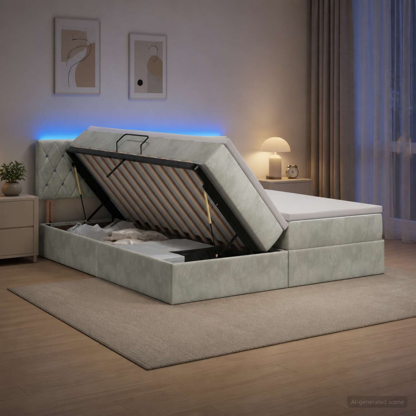 LED tárolós ágy matraccal Világosszürke 200 x 200 cm Bársony