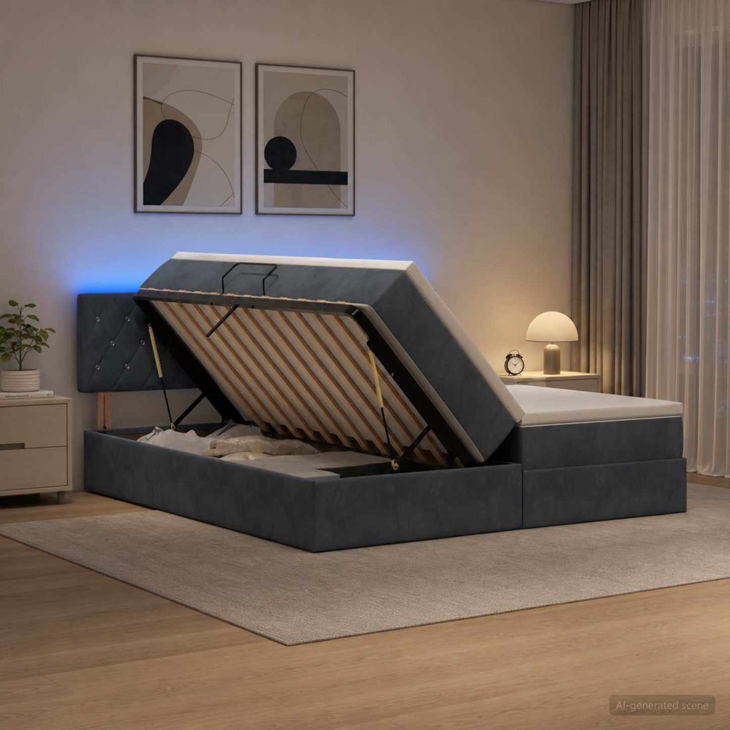 LED tárolós ágy matraccal Sötétszürke 200 x 200 cm Bársony