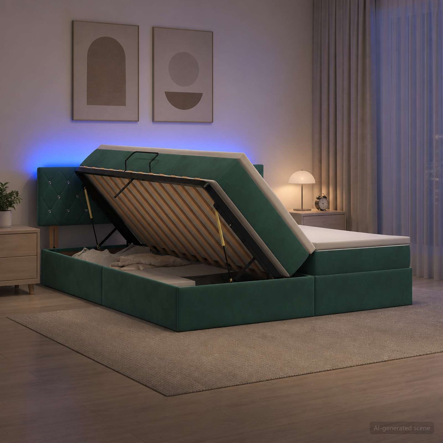 LED tárolós ágy matraccal Sötétzöld 200 x 200 cm Bársony