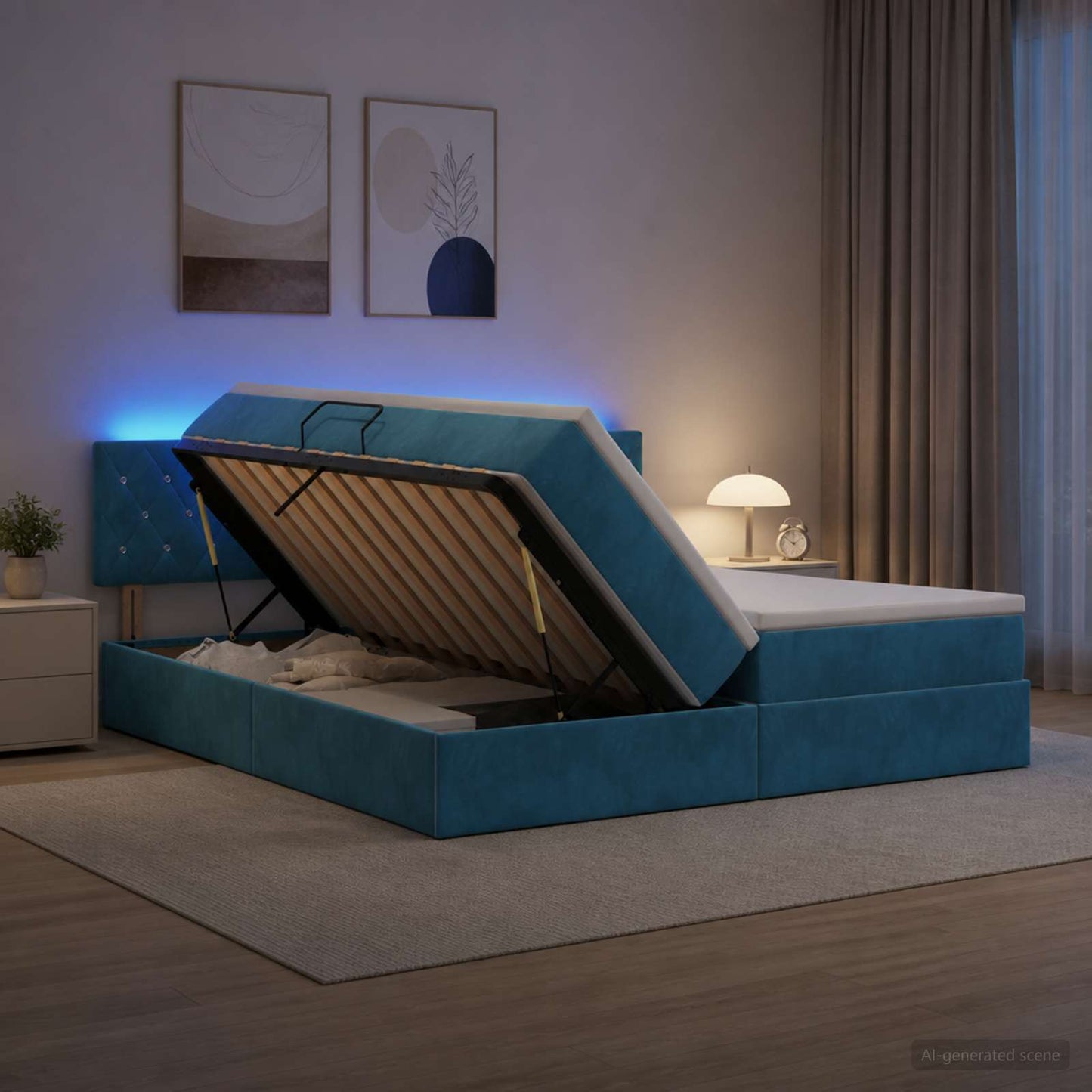 LED tárolós ágy matraccal Sötét kék 200 x 200 cm Bársony