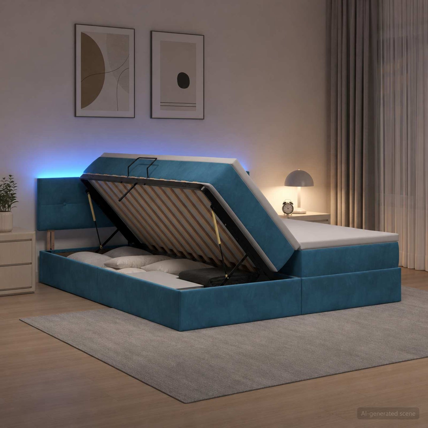 LED tárolós ágy matraccal Sötét kék 200 x 200 cm Bársony