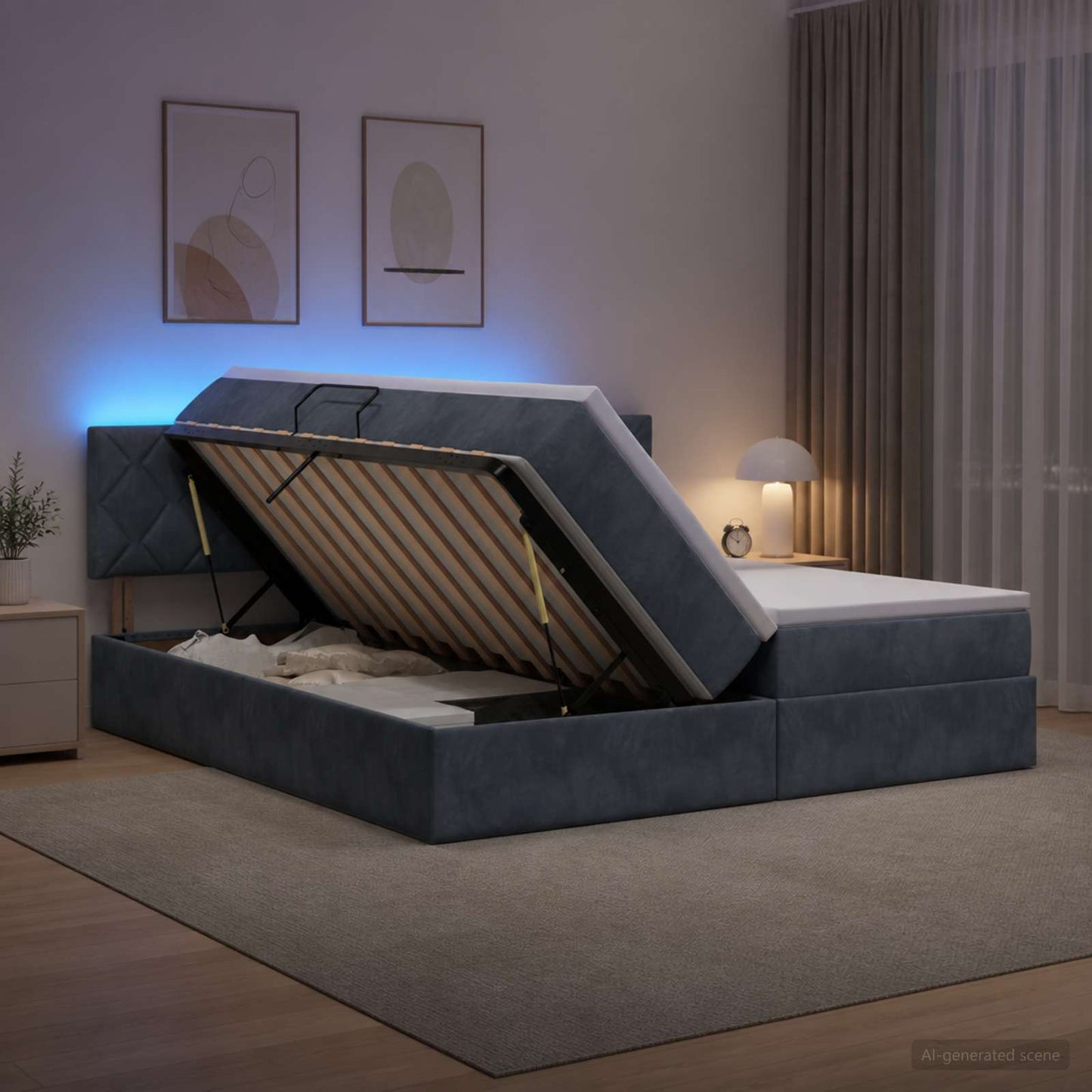 LED tárolós ágy matraccal Sötétszürke 180 x 200 cm Bársony