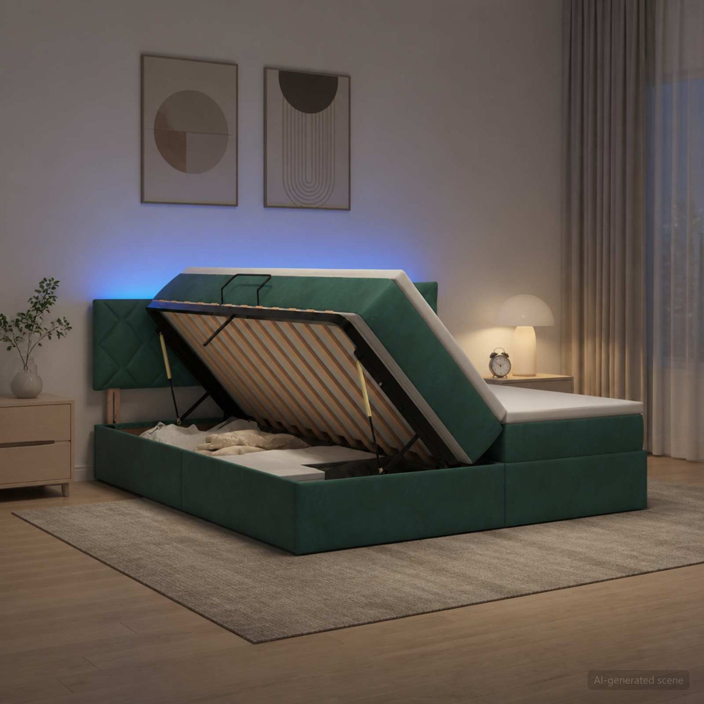 LED tárolós ágy matraccal Sötétzöld 200 x 200 cm Bársony